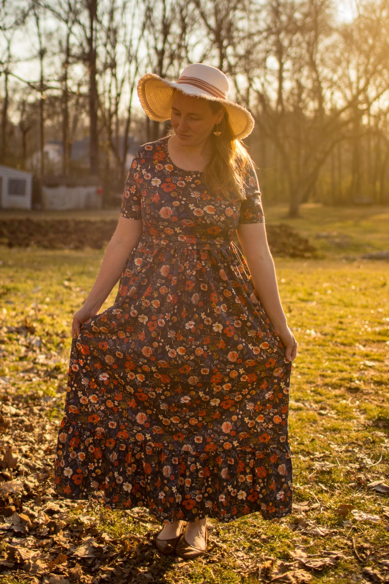 Antique Floral Prairie Style Cotton Maxi Dress with Natural Waist Bodice Nursing Friendly