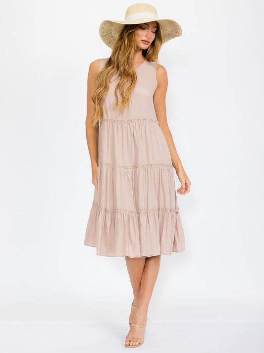 Sleeveless Tiered Midi Dress in Beige