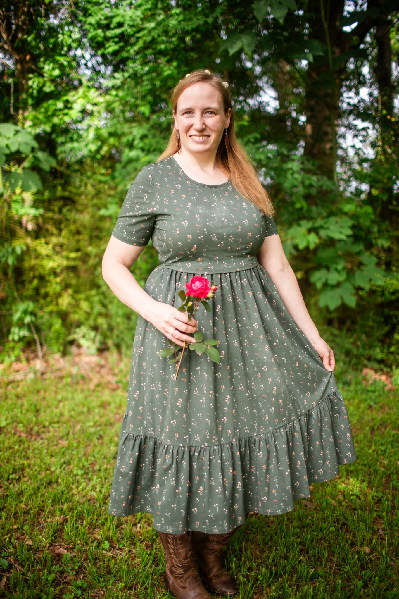 Forest Blooms Cotton Tiered Midi Dress with Natural Waist Bodice