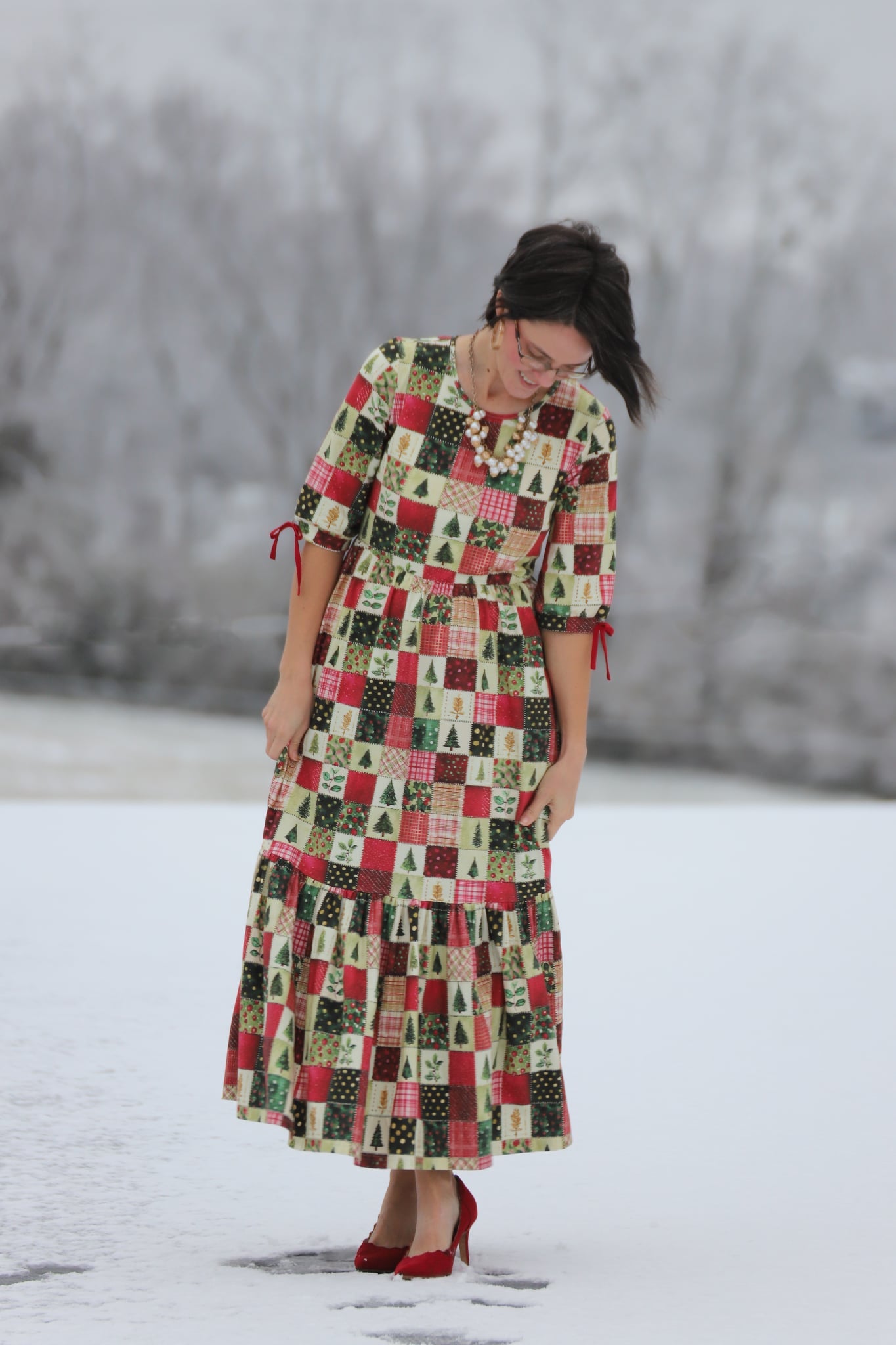 Holiday Patchwork Cotton Tiered Midi Dress