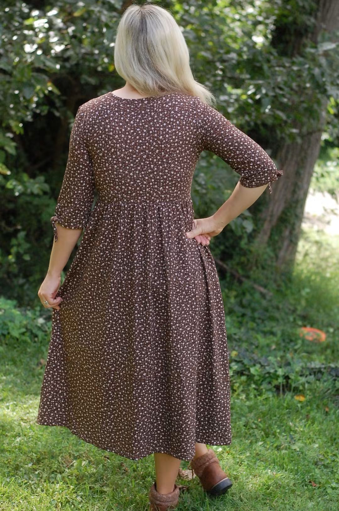 Pre-order Autumn Daisies Cotton Everyday Midi Dress with 3/4 Bow Sleeves