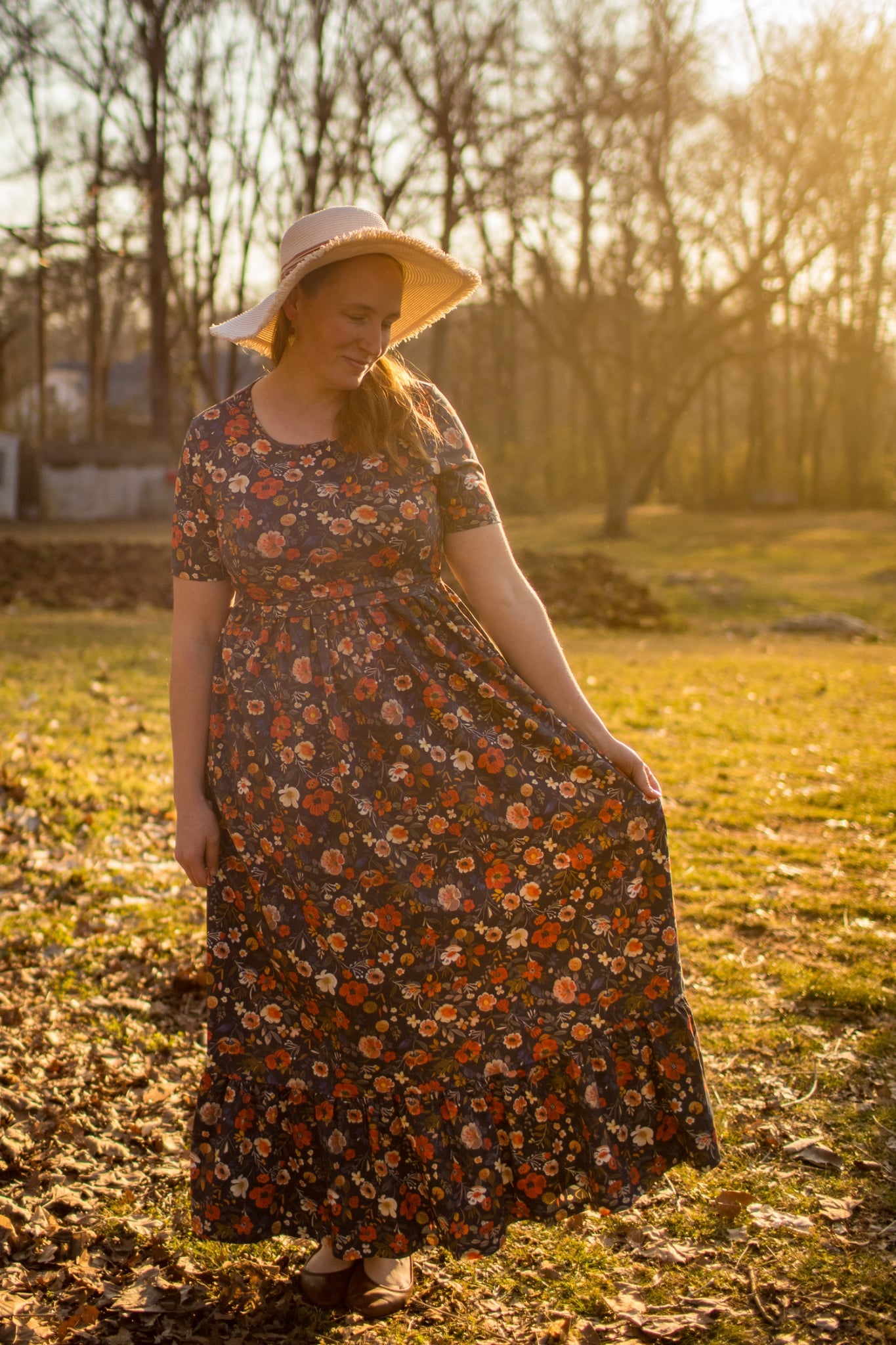 Antique Floral Prairie Style Cotton Maxi Dress with Natural Waist Bodice Nursing Friendly