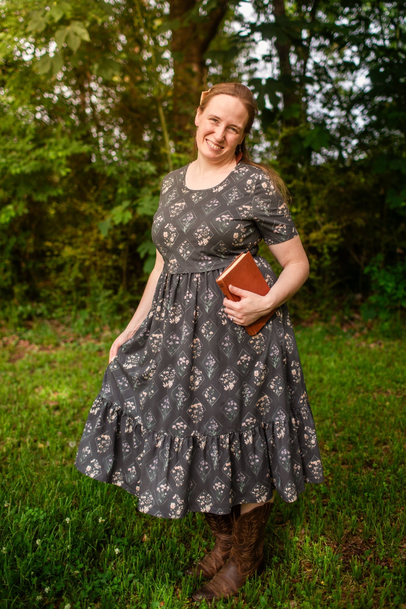 Moonlit Meadow Cotton Midi Dress with Natural Waist Bodice