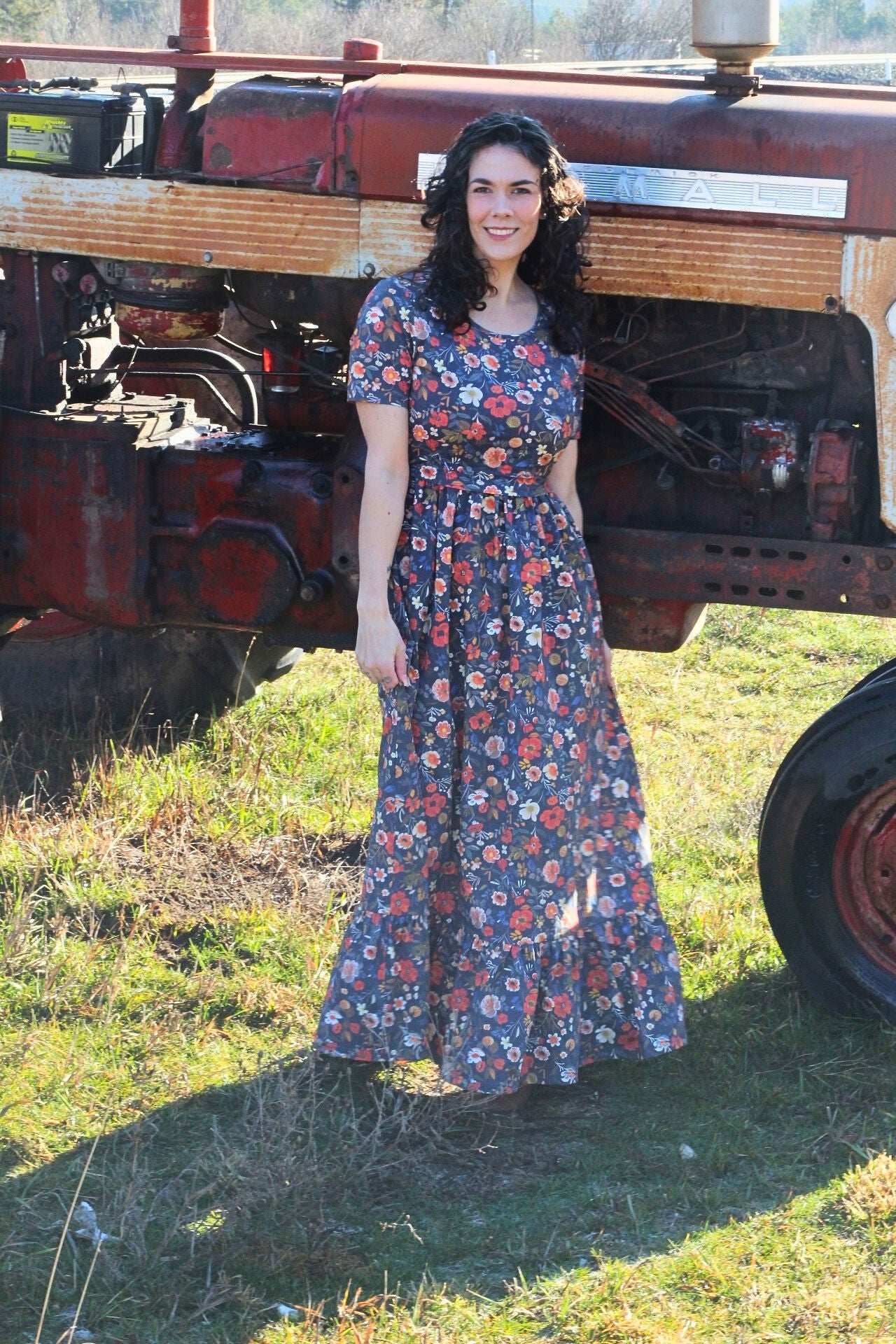 Antique Floral Prairie Style Cotton Maxi Dress with Natural Waist Bodice Nursing Friendly