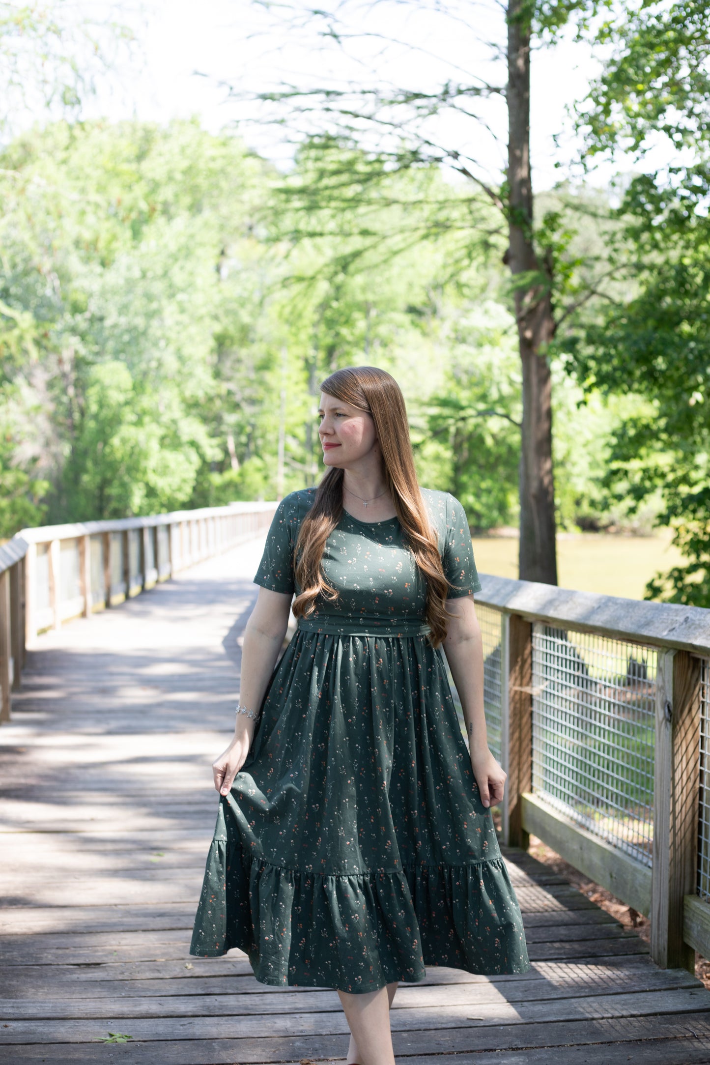 Forest Blooms Cotton Tiered Midi Dress with Natural Waist Bodice