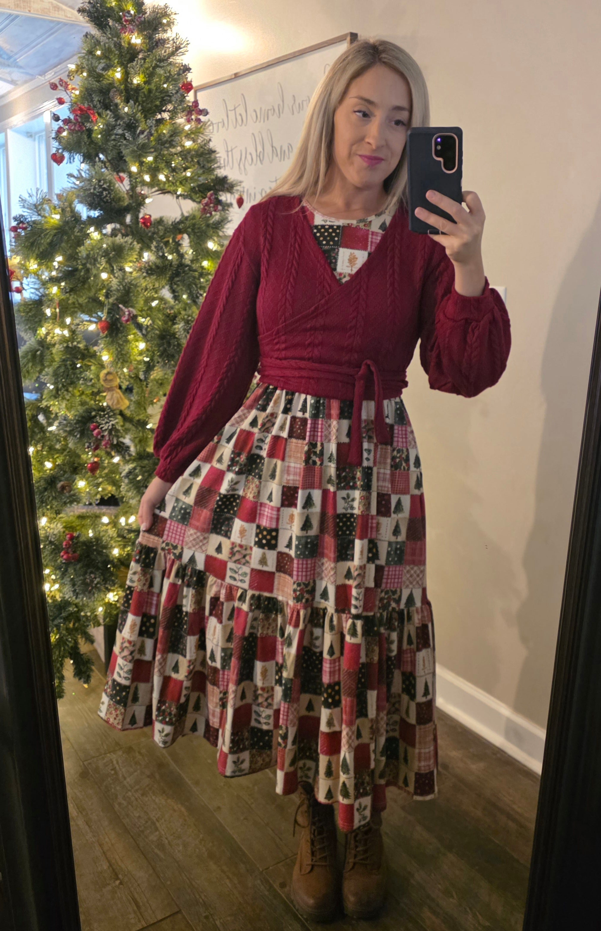 Holiday Patchwork Cotton Tiered Midi Dress