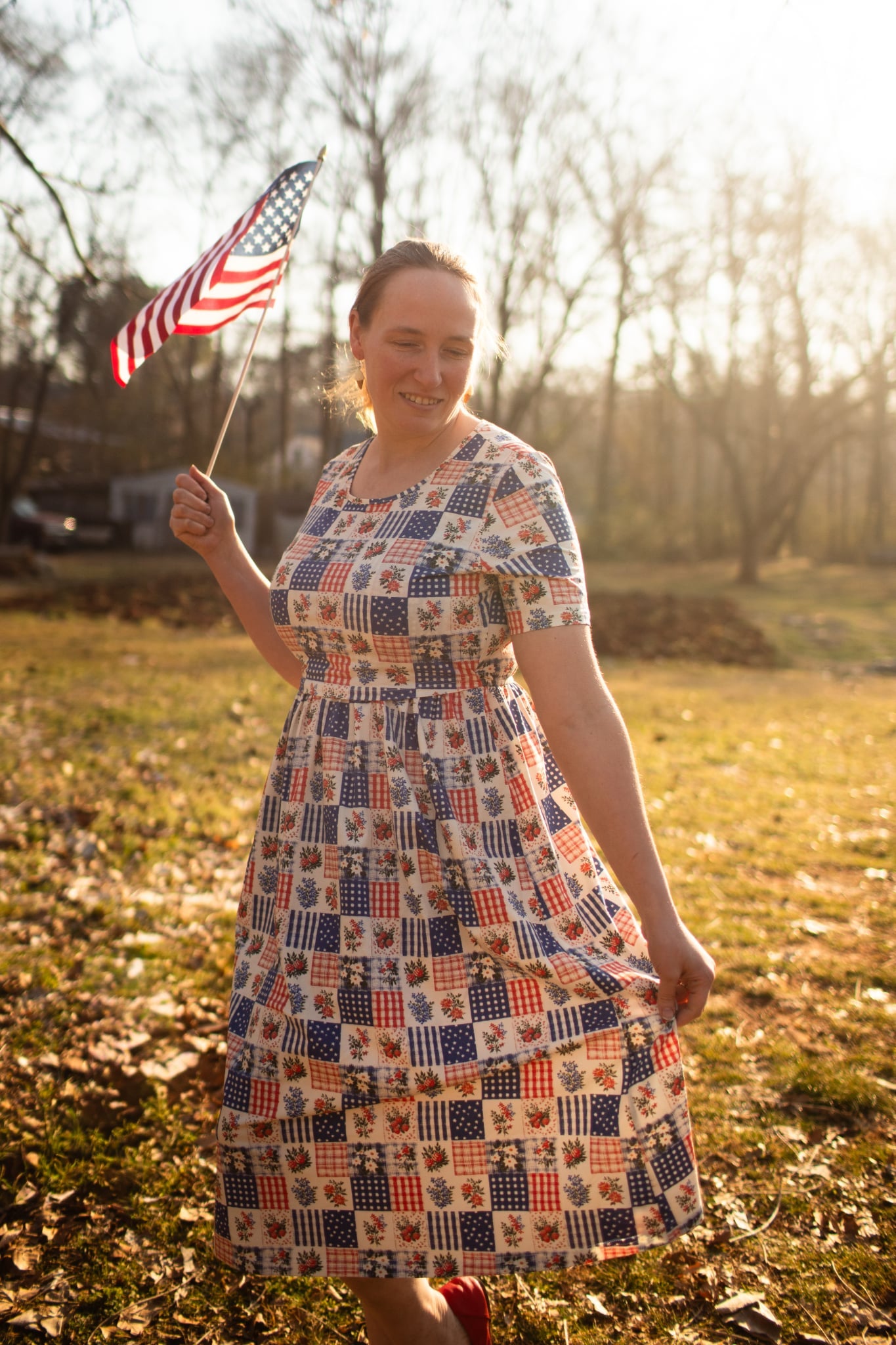 Patriotic Patchwork Prairie Style Nursing-Friendly Cotton Midi Dress with Natural Waist Bodice Nursing Friendly