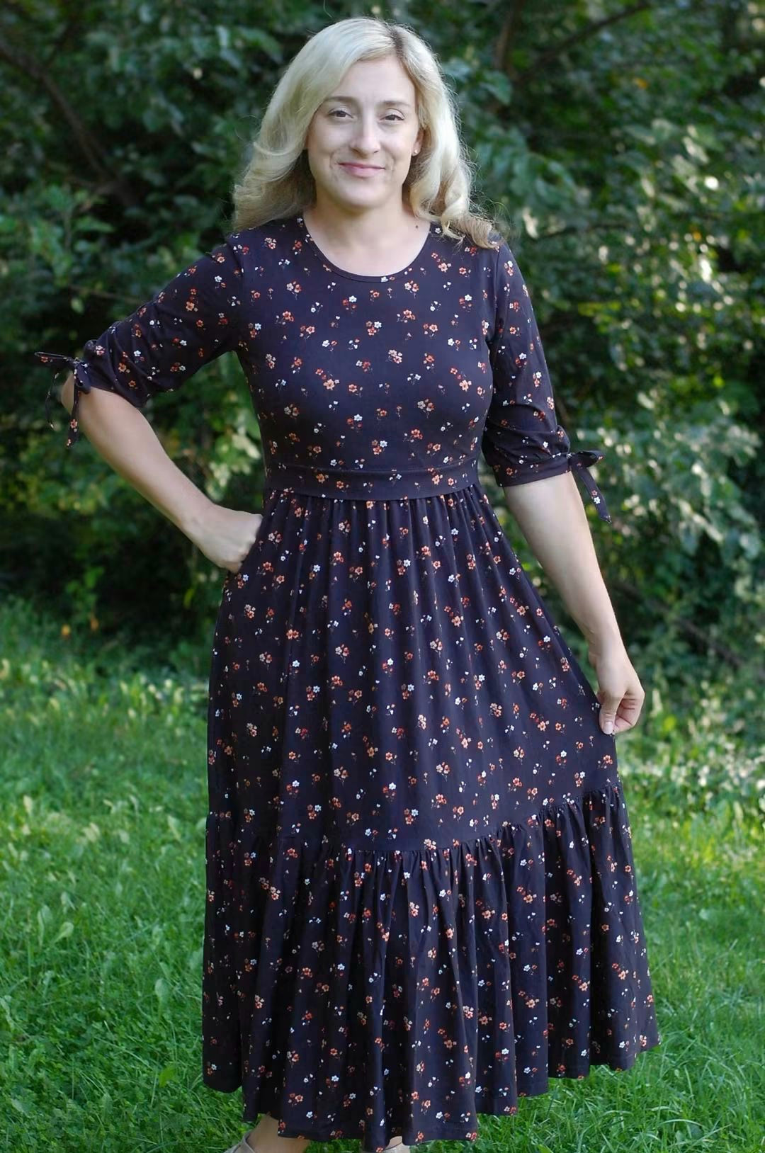 Pre-Order Ember Blossom Cotton Homestead Ruffle Dress with 3/4 Removable Bow Sleeves