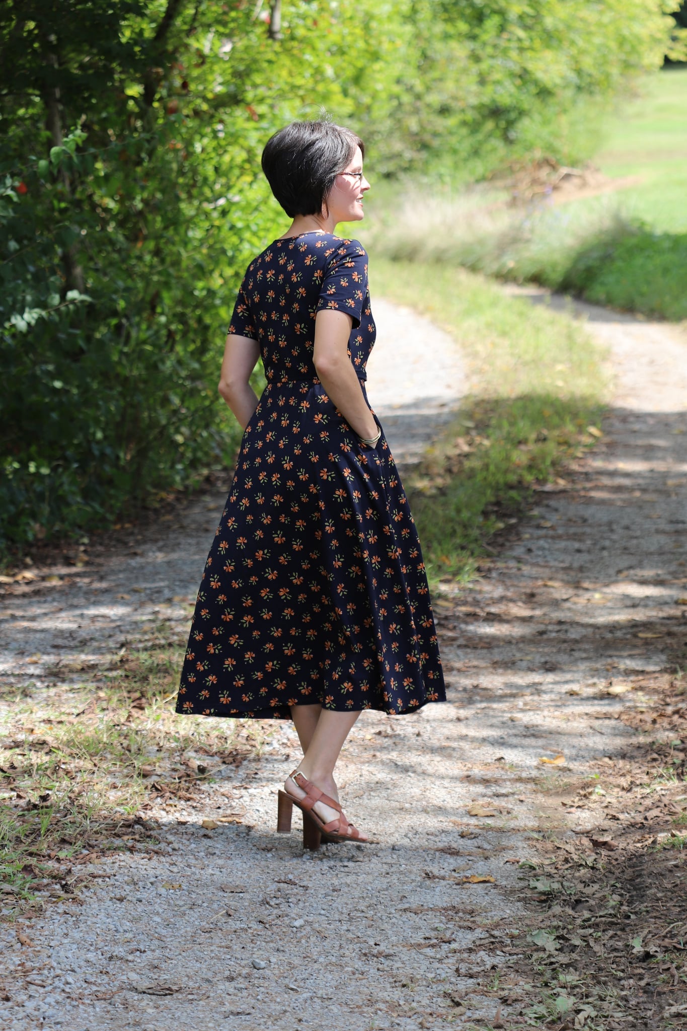 Cotton "Orange Blossom"  Nursing Friendly Dress in Navy