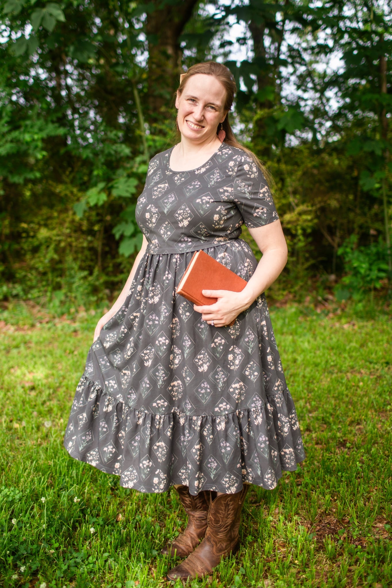 Moonlit Meadow Cotton Midi Dress with Natural Waist Bodice