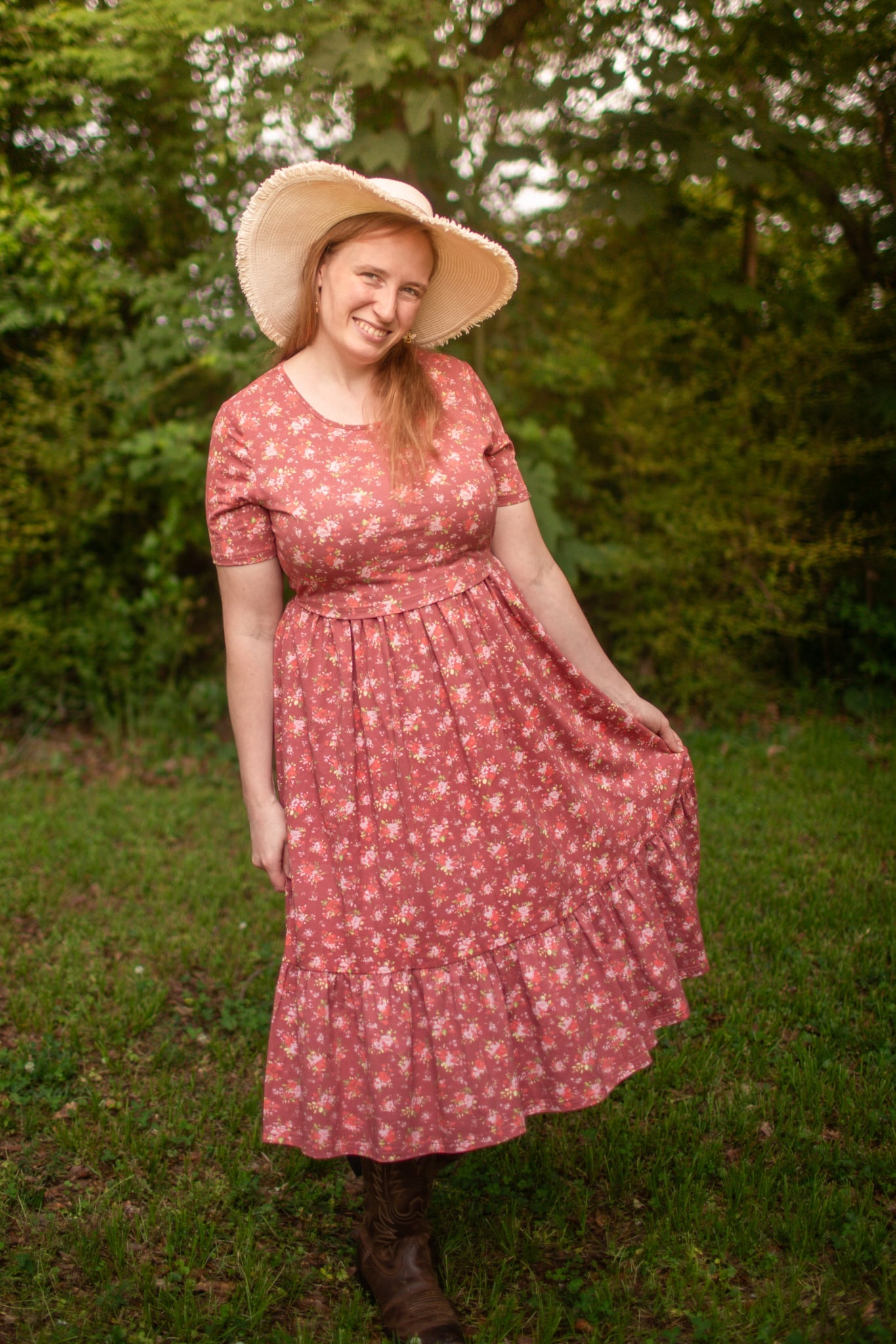 Romantic Blooms Cotton Tiered Midi Dress with Natural Waist Bodice