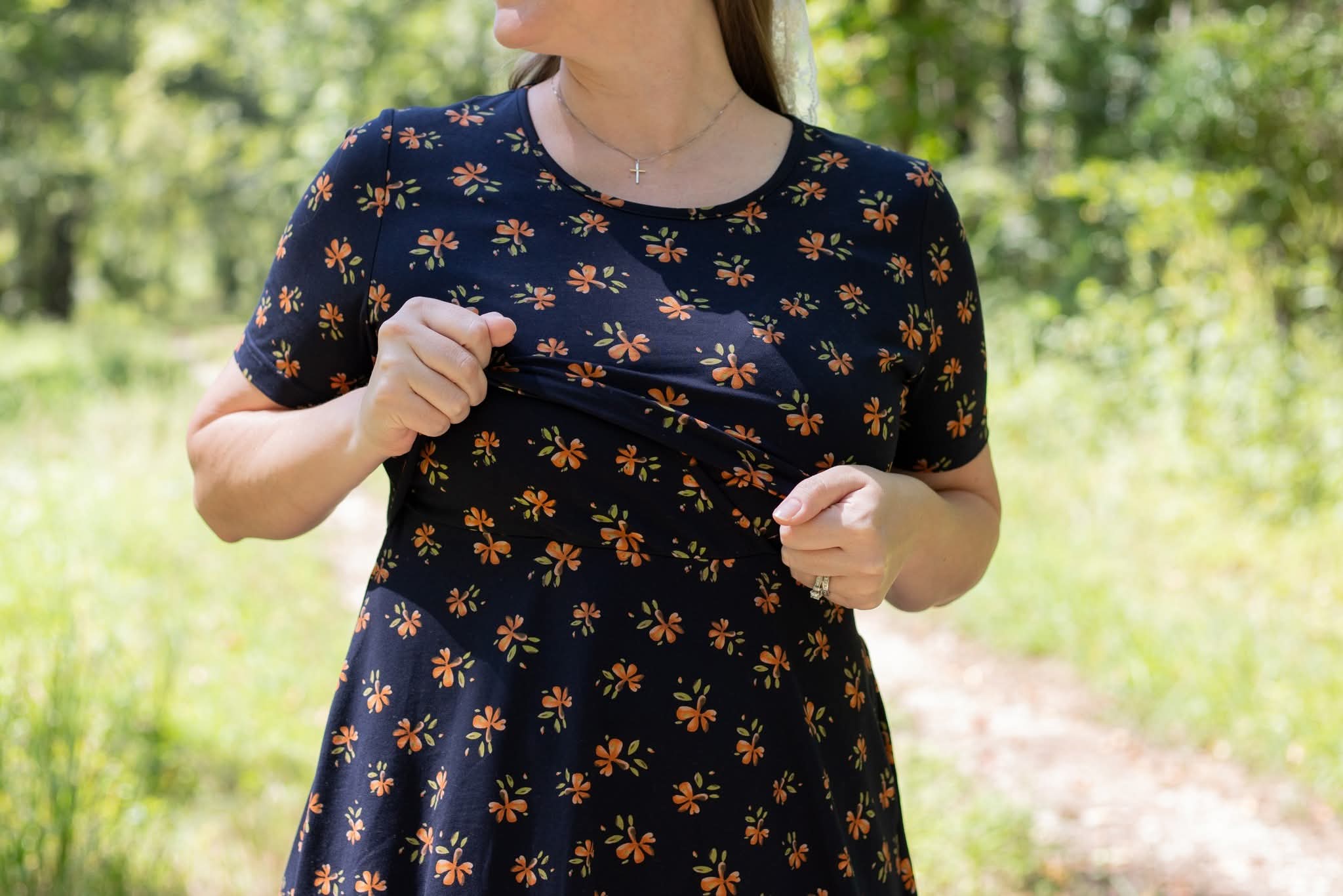 Cotton "Orange Blossom"  Nursing Friendly Dress in Navy