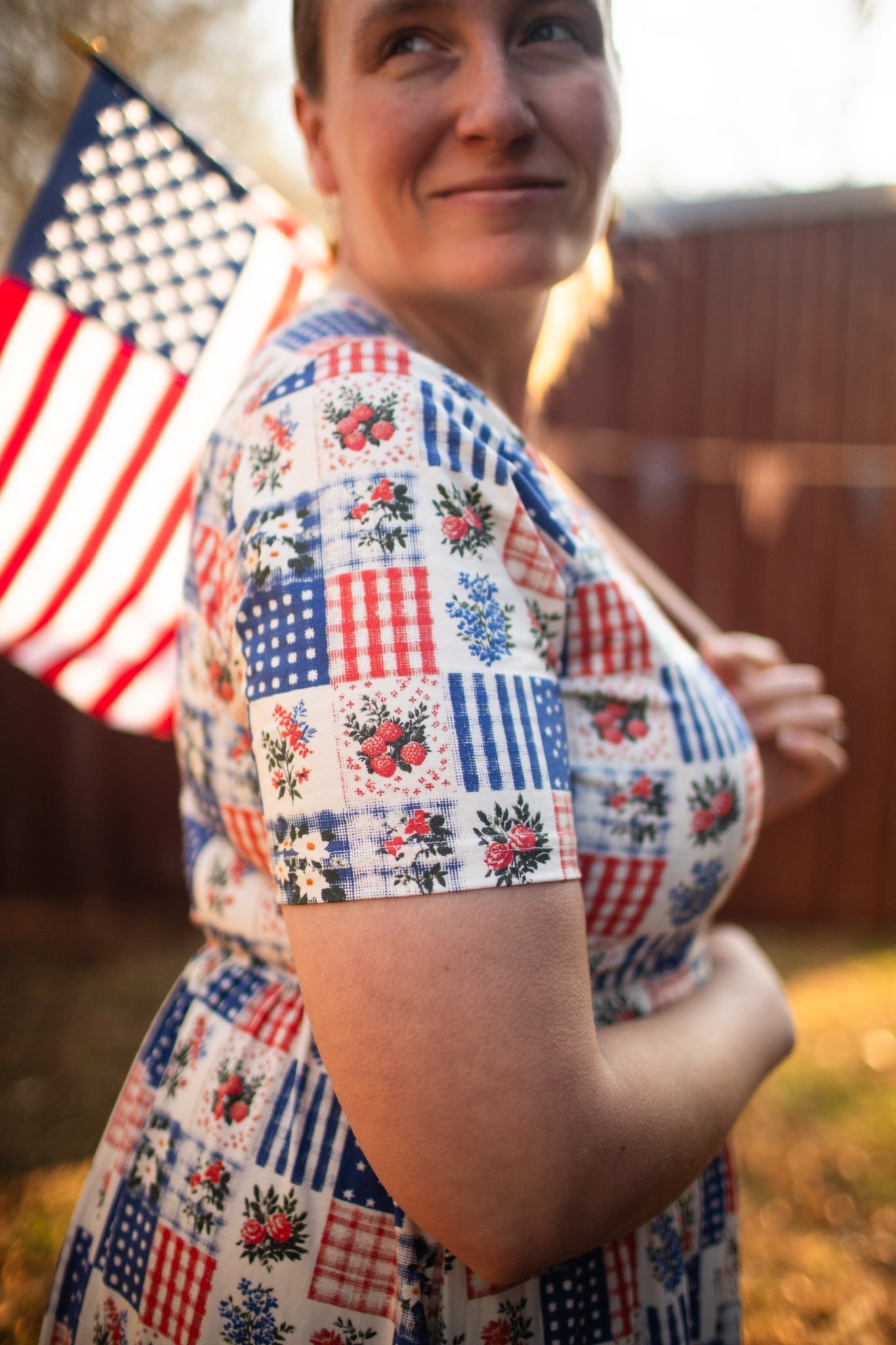Patriotic Patchwork Prairie Style Cotton Maxi Dress with Natural Waist Bodice Nursing Friendly