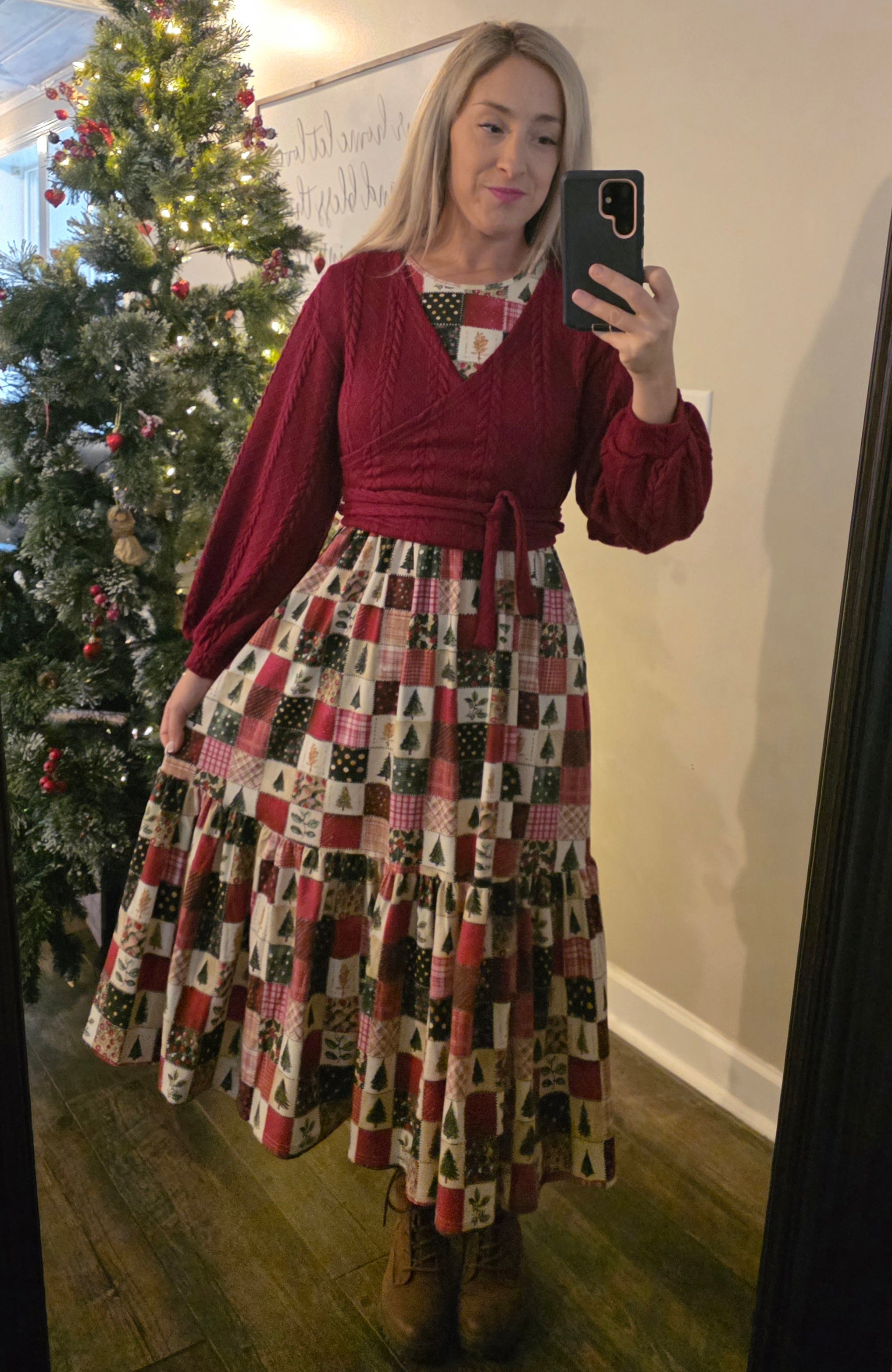 Holiday Patchwork Cotton Tiered Midi Dress