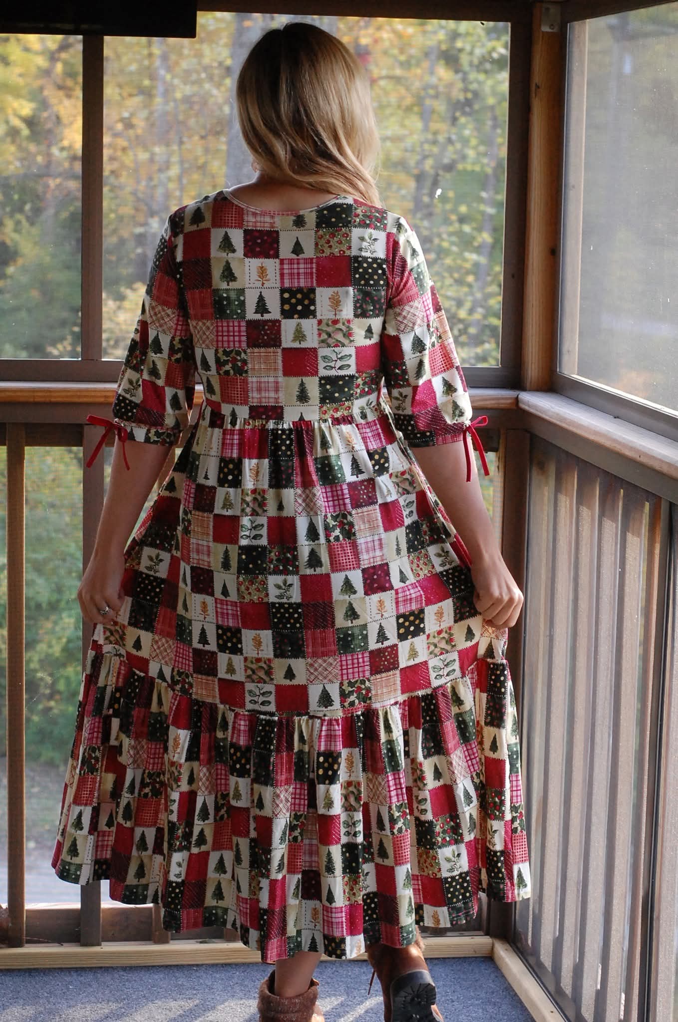 Holiday Patchwork Cotton Tiered Midi Dress