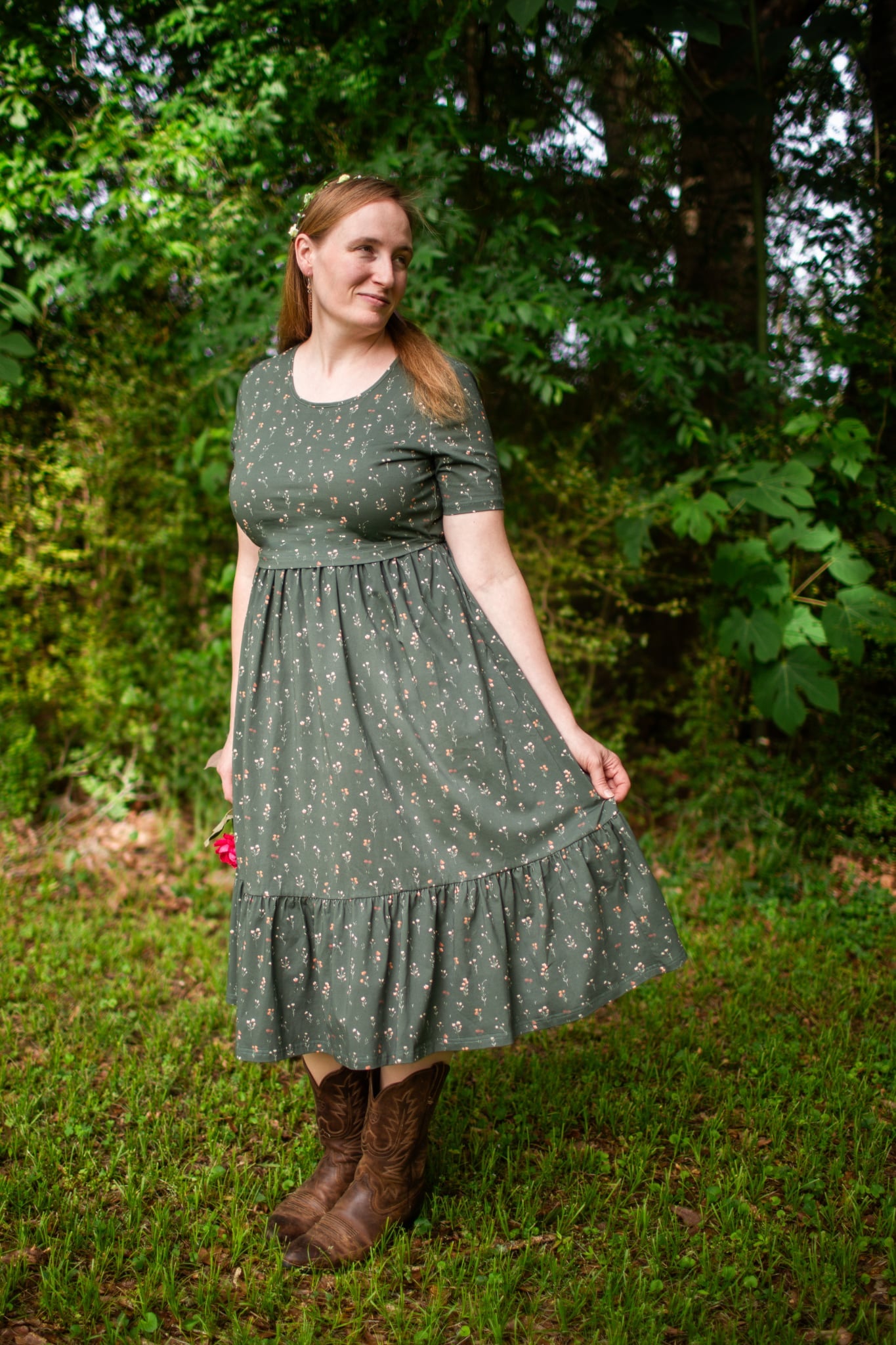 Forest Blooms Cotton Tiered Midi Dress with Natural Waist Bodice