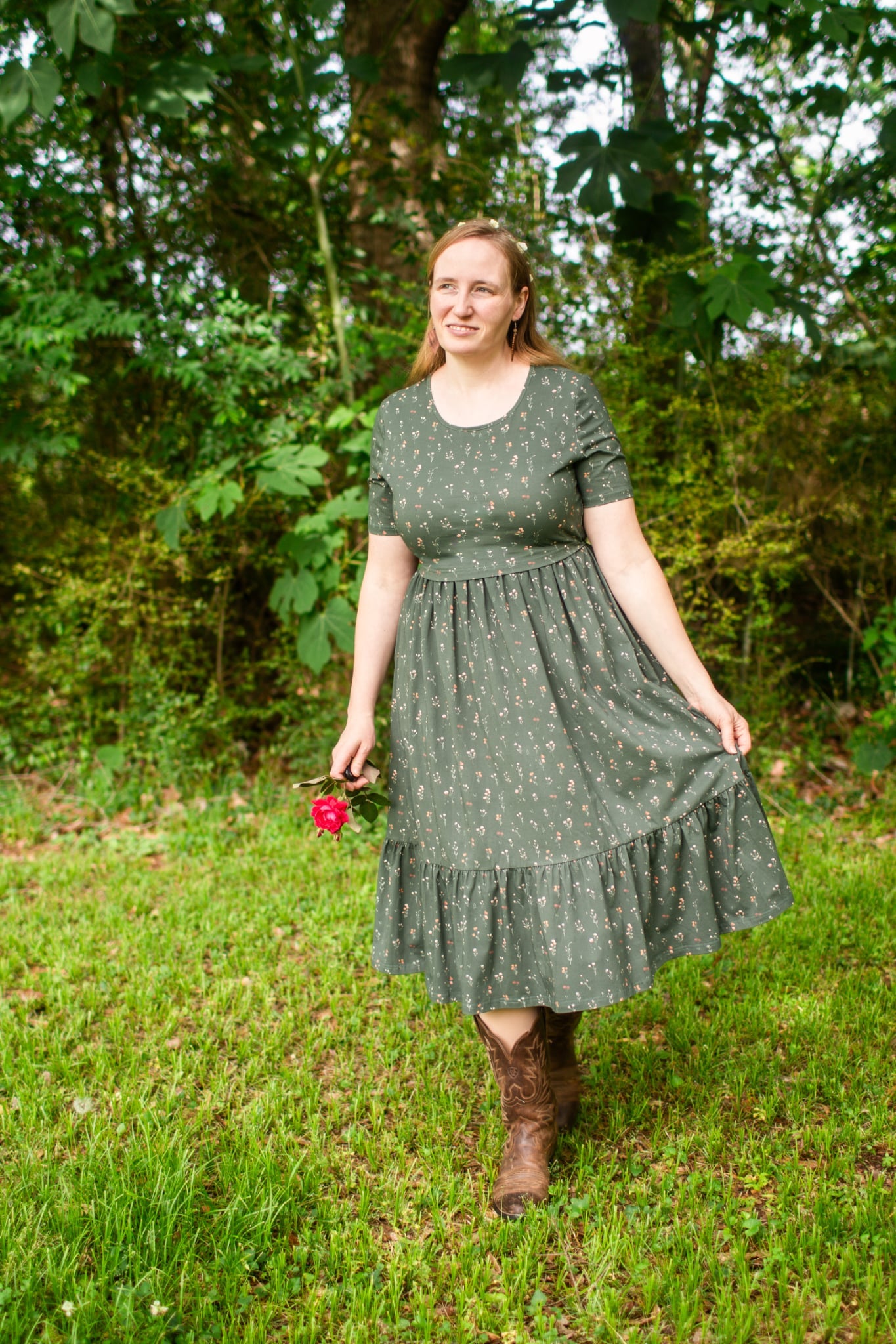 Forest Blooms Cotton Tiered Midi Dress with Natural Waist Bodice