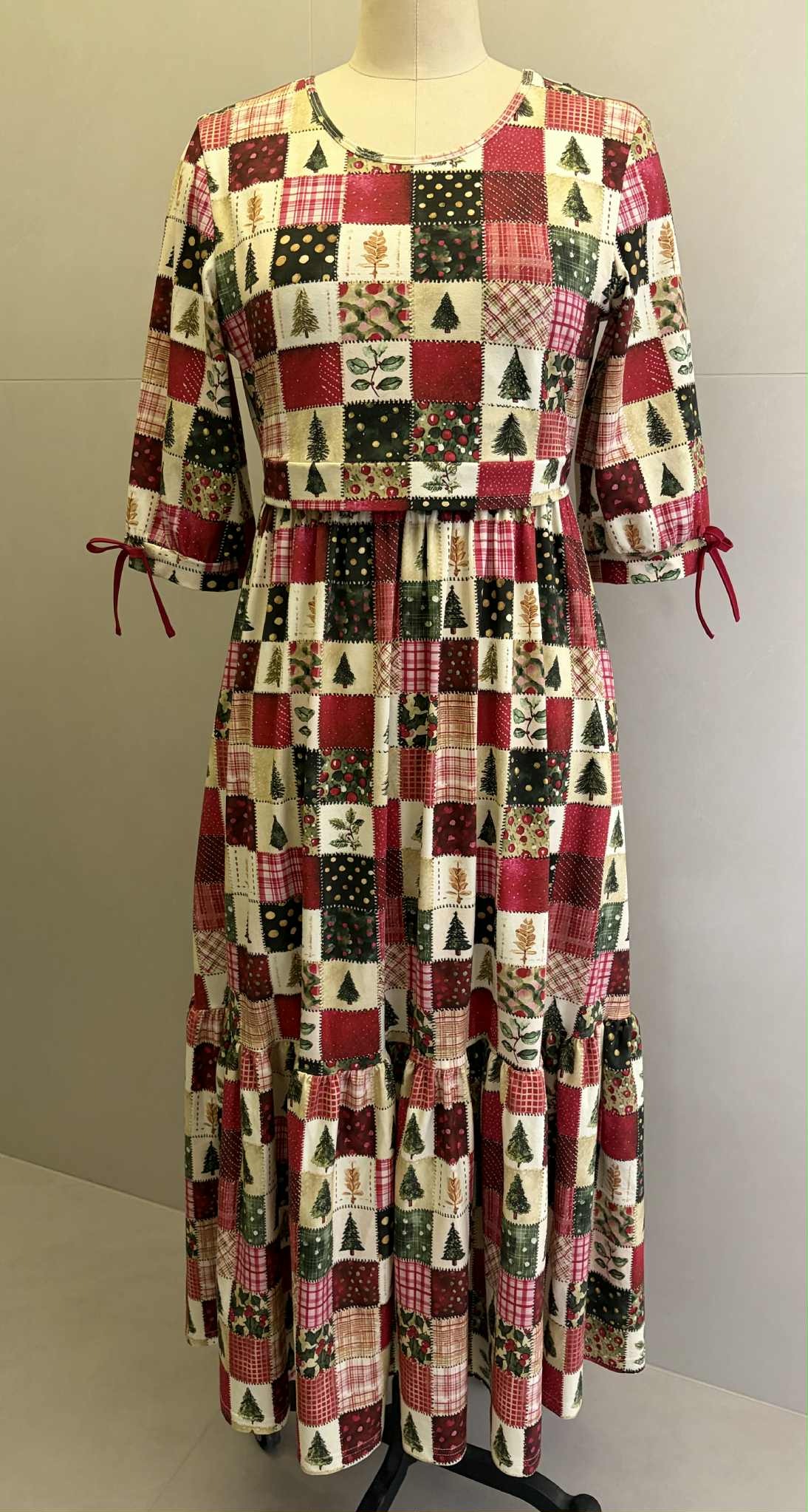 Holiday Patchwork Cotton Tiered Midi Dress