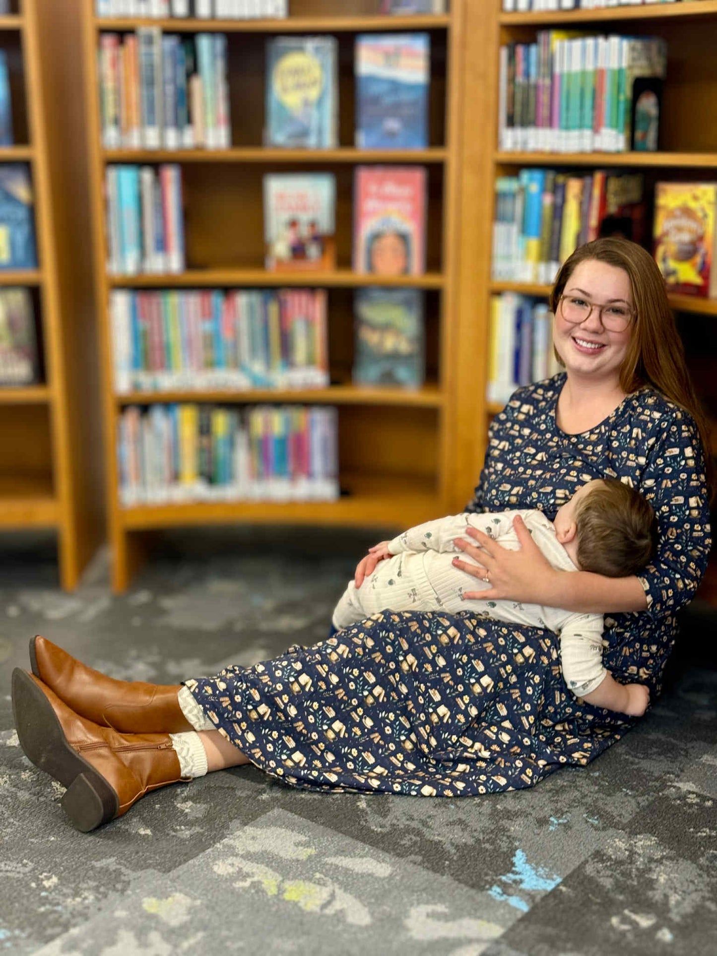 Blue Cotton "Novella" Book Print Homestead Nursing Friendly Dress