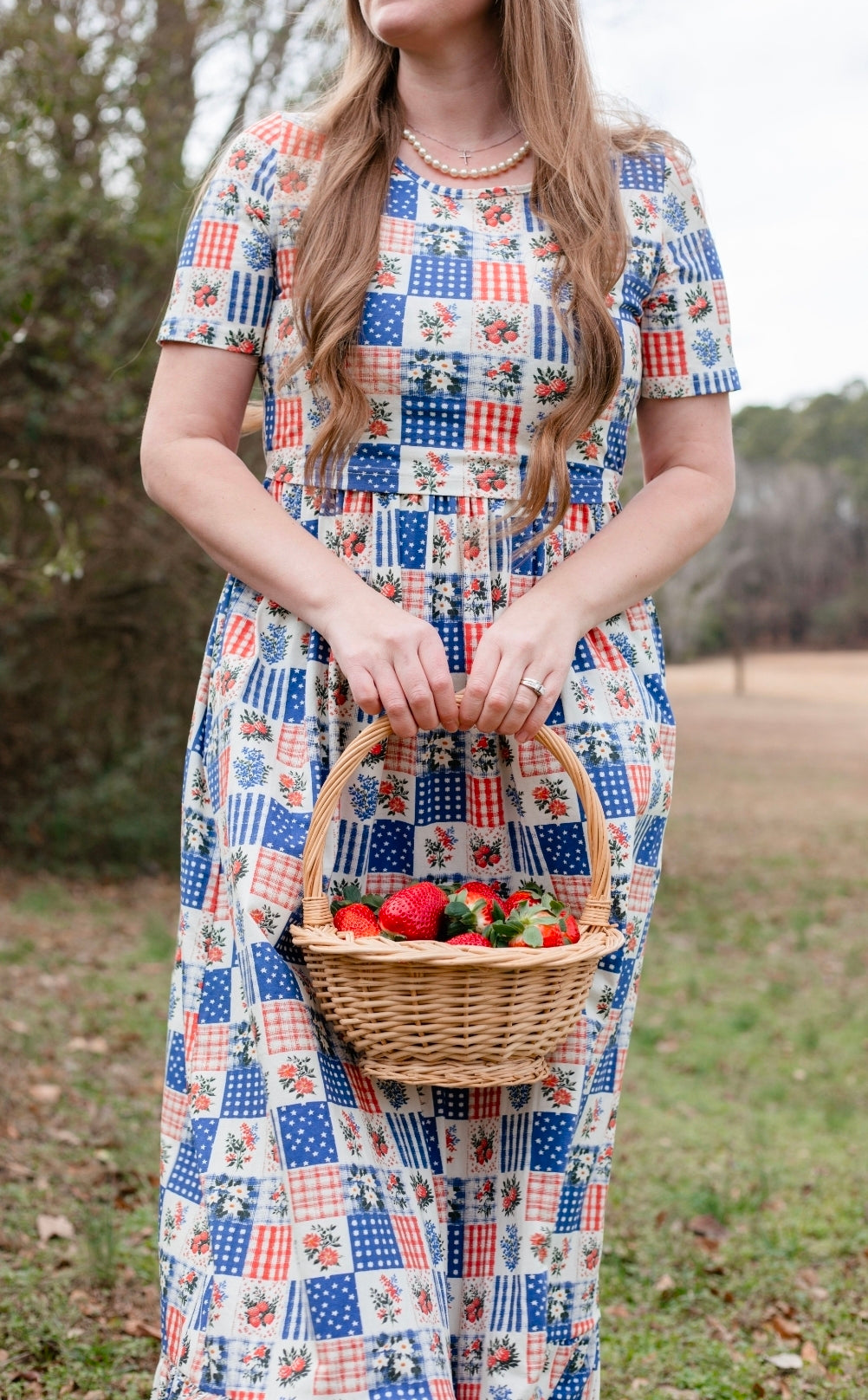 Patriotic Patchwork Prairie Style Cotton Maxi Dress with Natural Waist Bodice Nursing Friendly