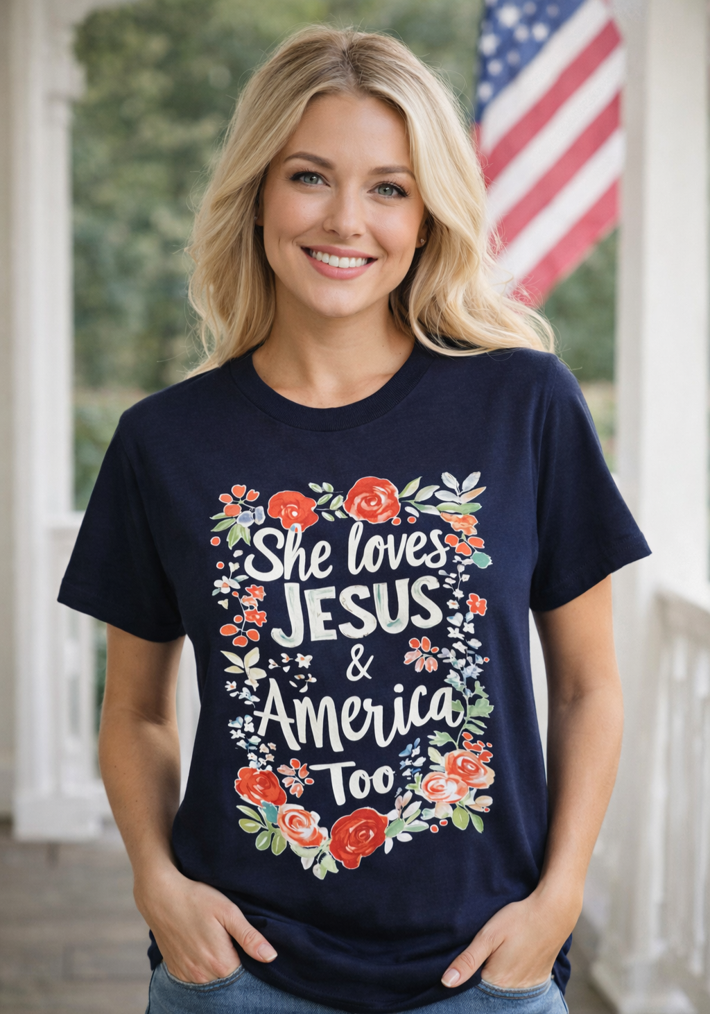 She Loves Jesus and America Patriotic Tee in Navy 100% Cotton