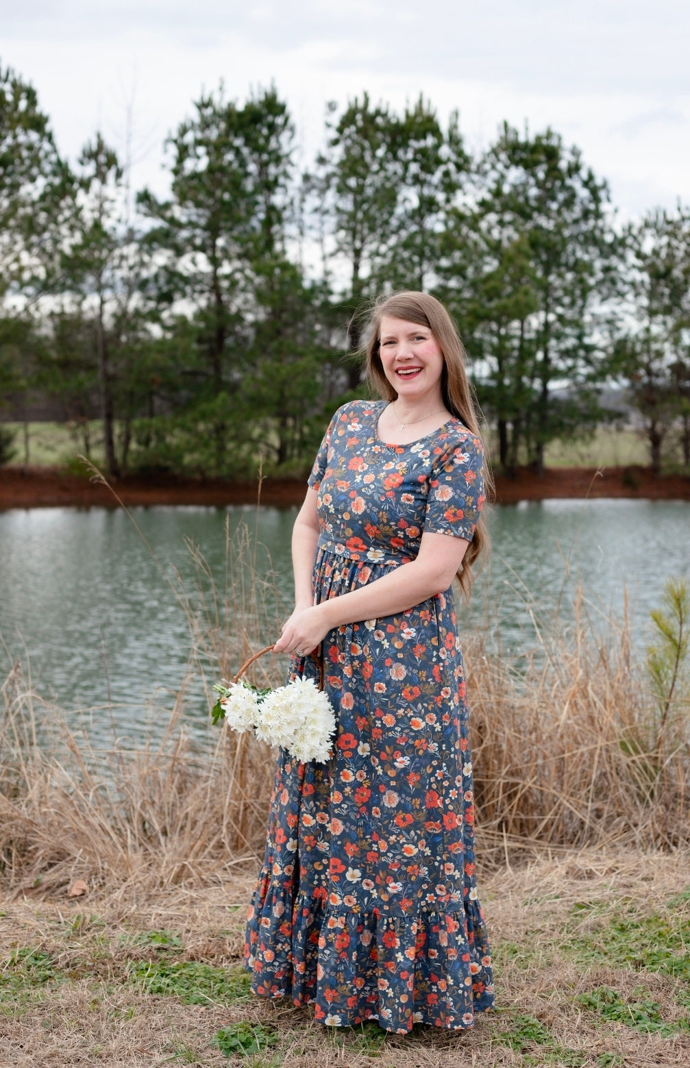 Antique Floral Prairie Style Cotton Maxi Dress with Natural Waist Bodice Nursing Friendly