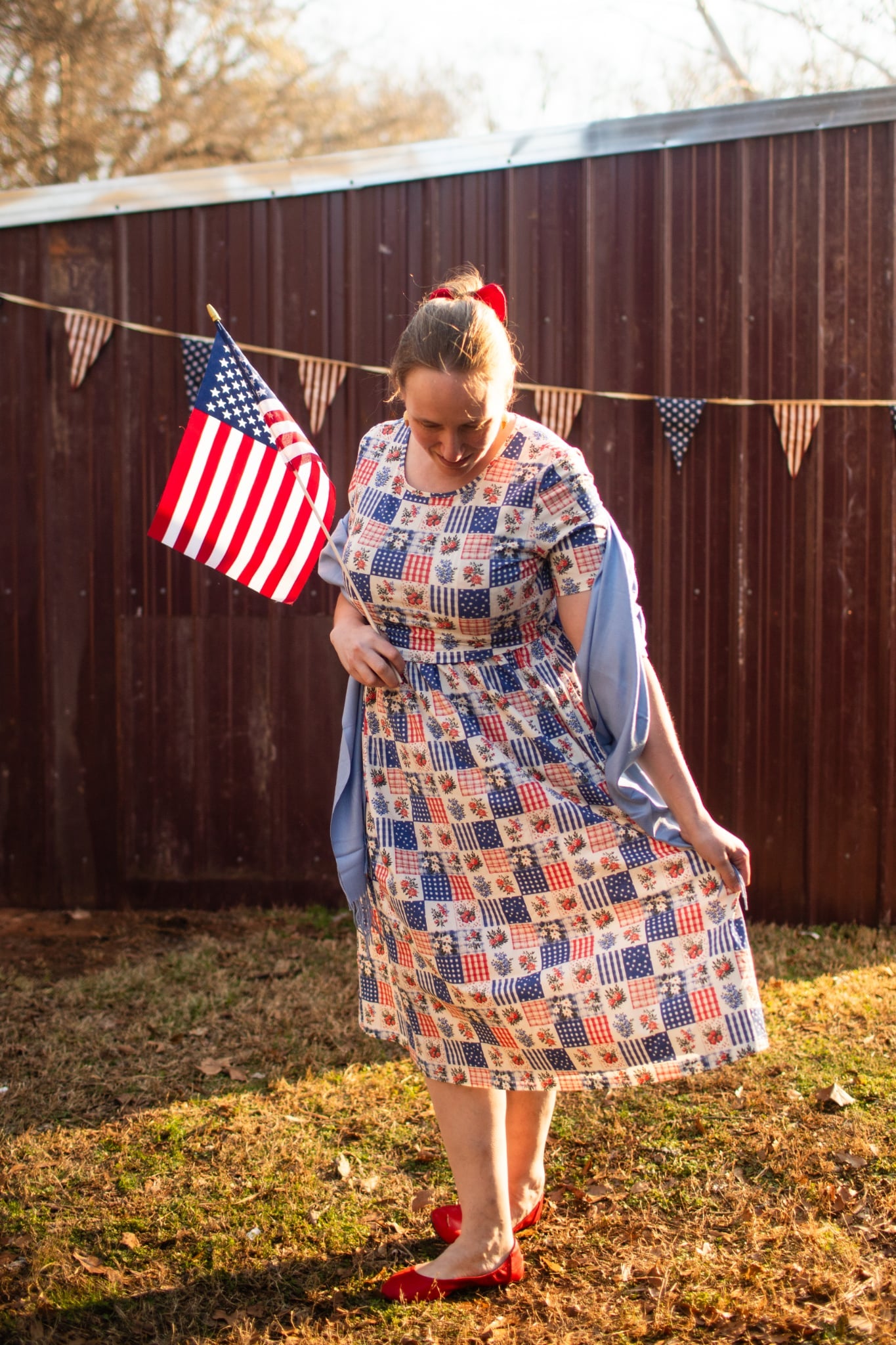 Patriotic Patchwork Prairie Style Nursing-Friendly Cotton Midi Dress with Natural Waist Bodice Nursing Friendly