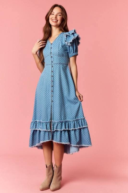 Pre-order 100% Cotton Denim Polka Dot Dress with Ruffles