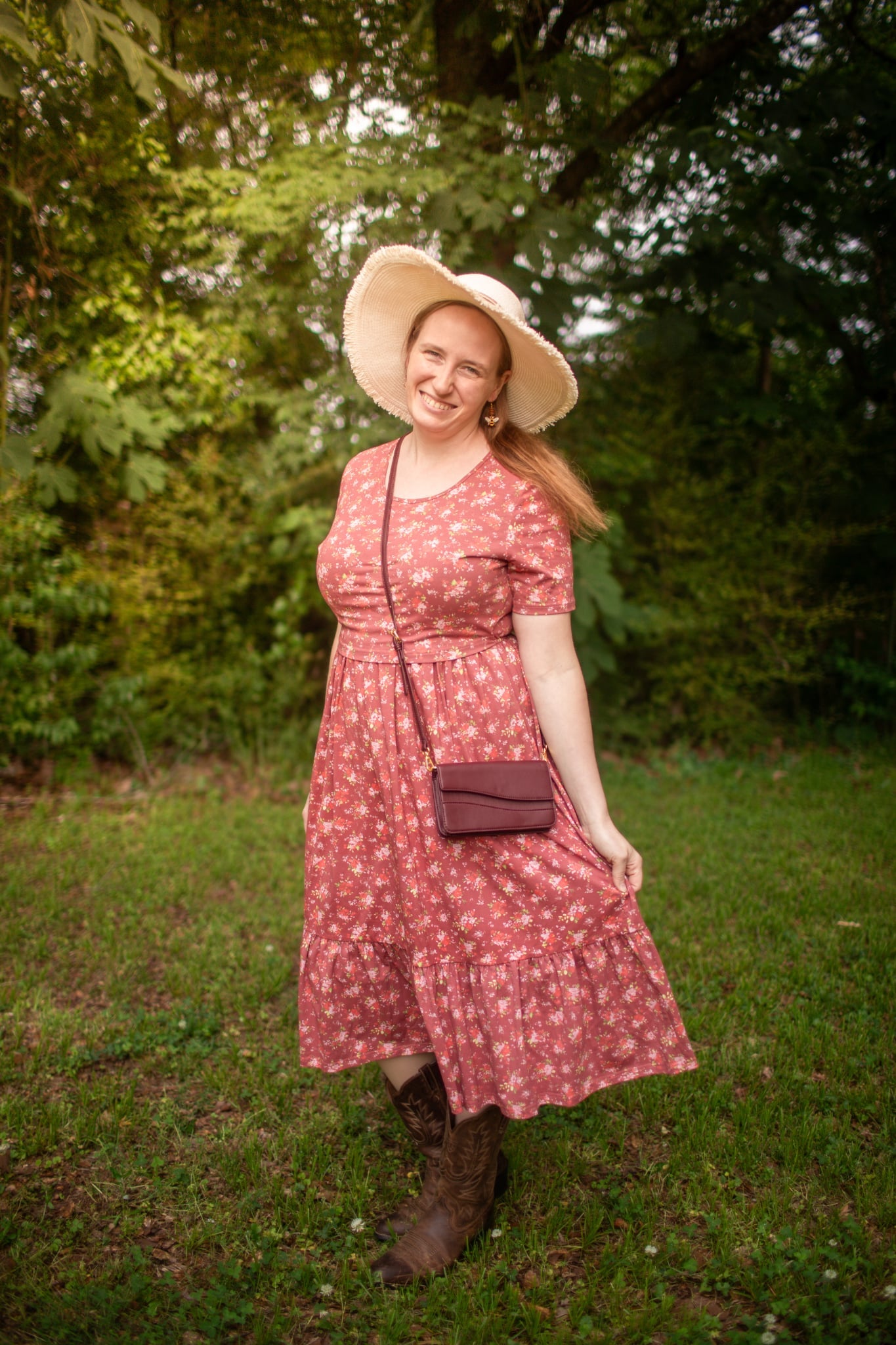 Romantic Blooms Cotton Tiered Midi Dress with Natural Waist Bodice
