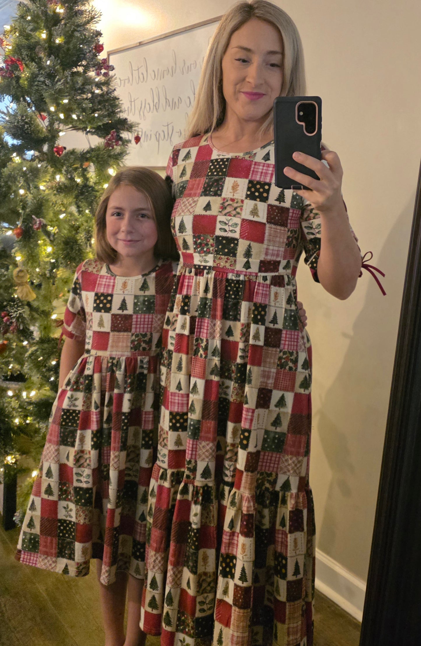 Holiday Patchwork Cotton Tiered Midi Dress