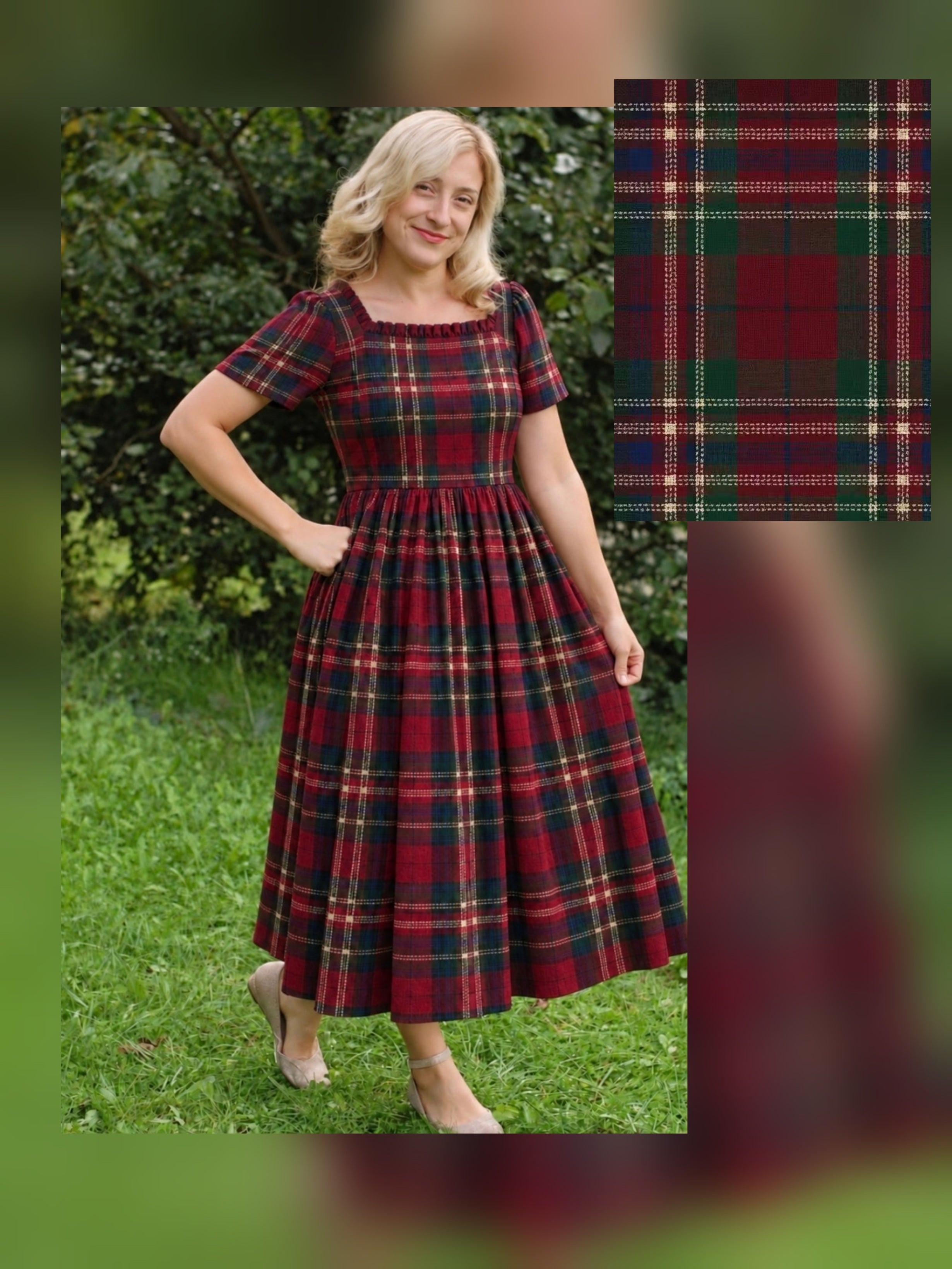 Pre-Order Holiday Plaid Cotton Ruffled Square Neck Dress