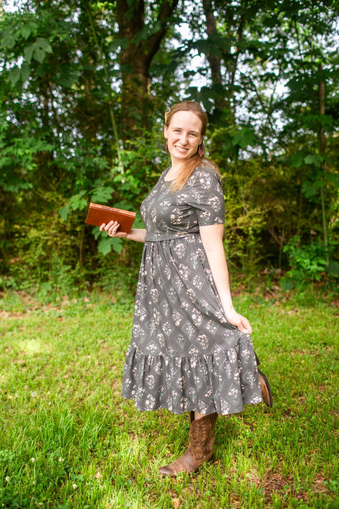 Moonlit Meadow Cotton Midi Dress with Natural Waist Bodice