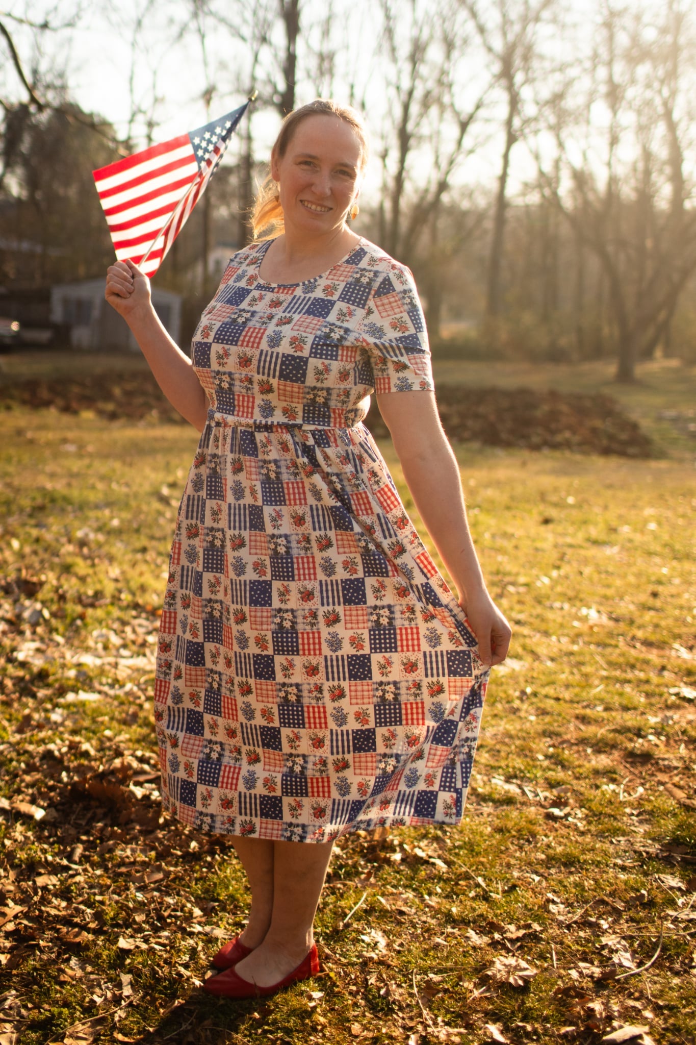 Patriotic Patchwork Prairie Style Nursing-Friendly Cotton Midi Dress with Natural Waist Bodice Nursing Friendly