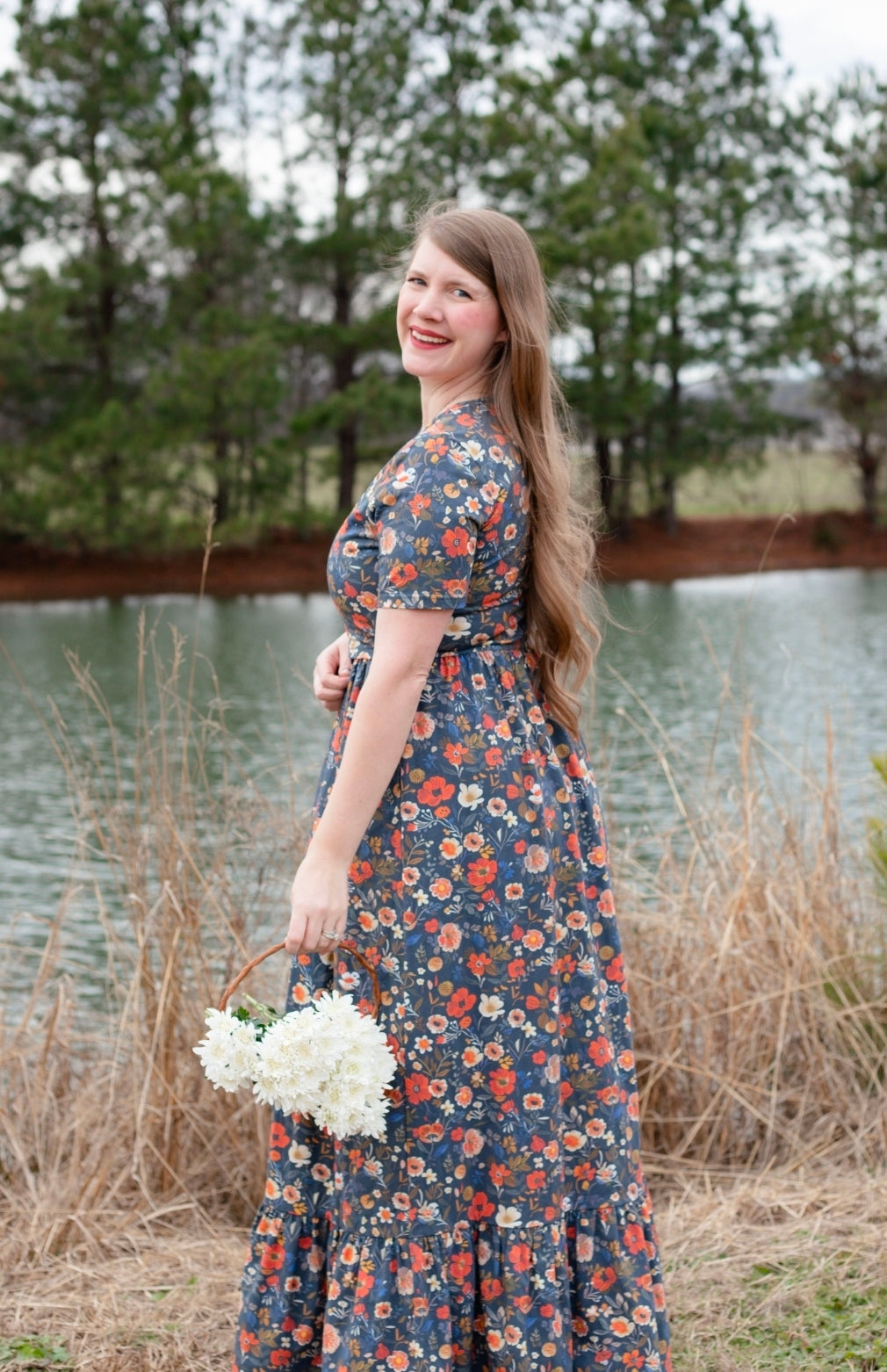 Antique Floral Prairie Style Cotton Maxi Dress with Natural Waist Bodice Nursing Friendly