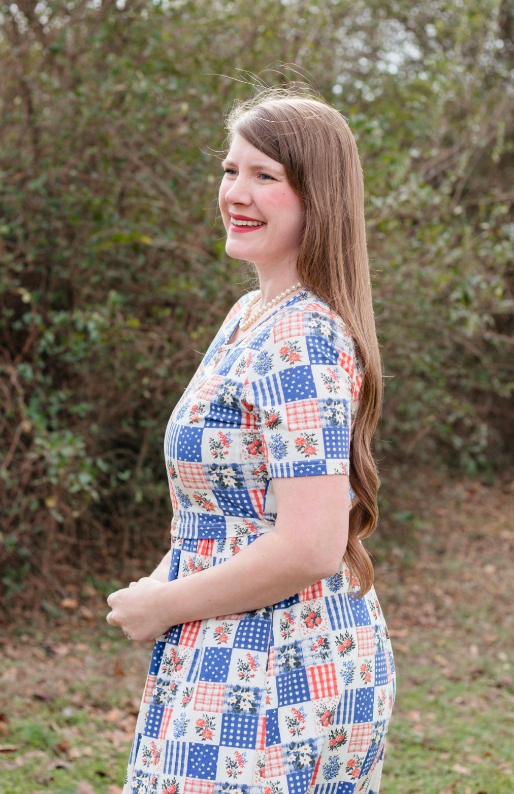 Patriotic Patchwork Prairie Style Cotton Maxi Dress with Natural Waist Bodice Nursing Friendly