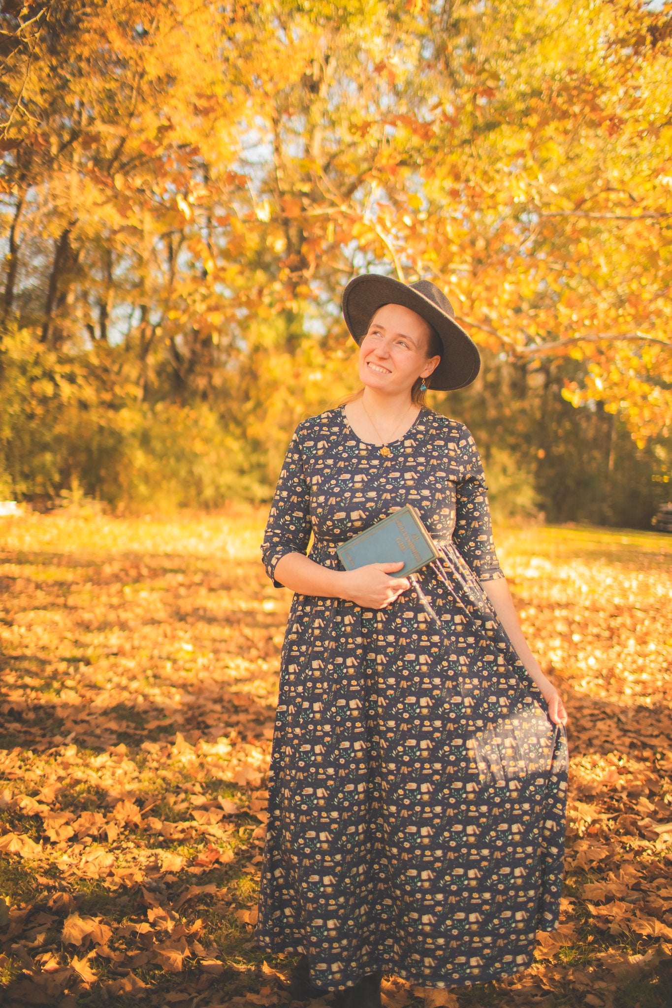 Blue Cotton "Novella" Book Print Homestead Nursing Friendly Dress