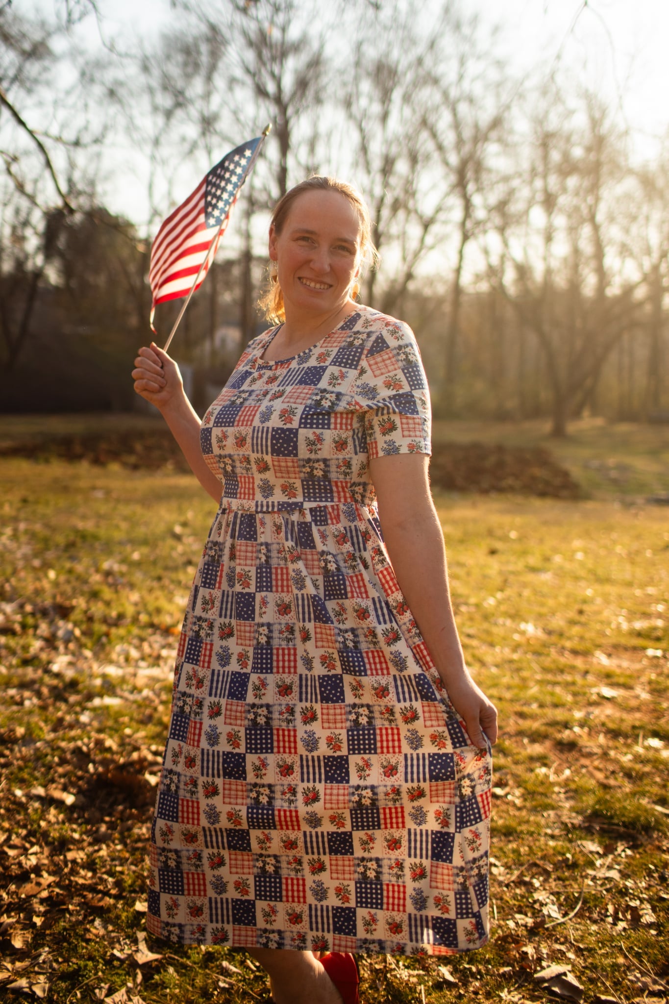 Patriotic Patchwork Prairie Style Nursing-Friendly Cotton Midi Dress with Natural Waist Bodice Nursing Friendly