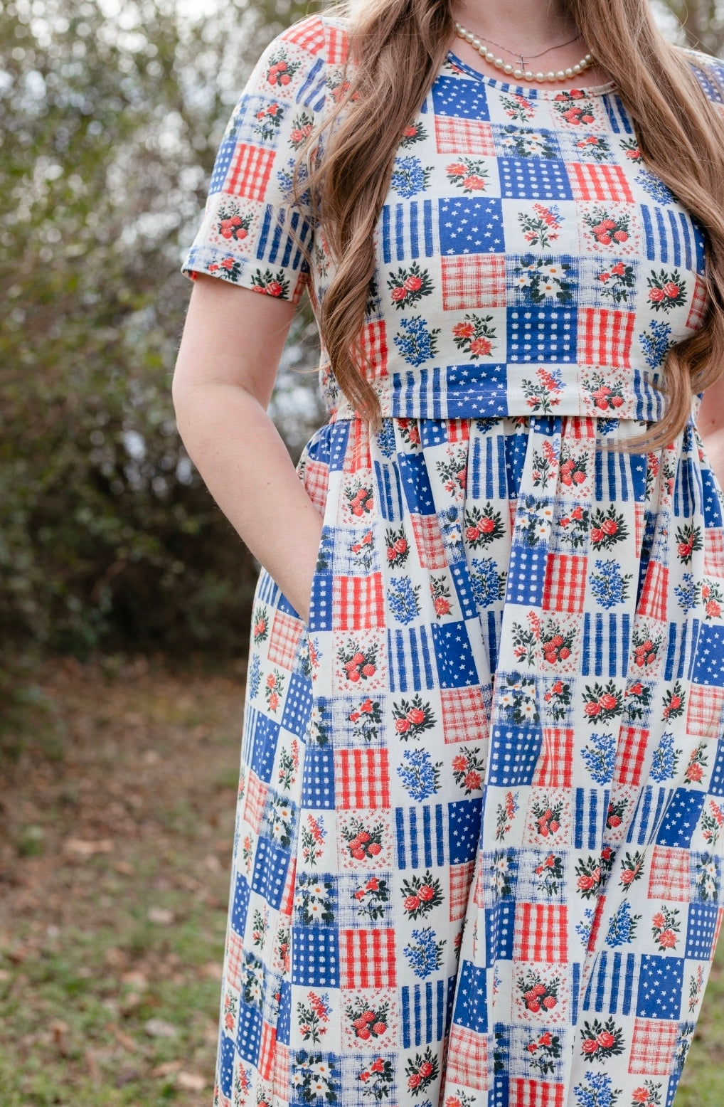 Patriotic Patchwork Prairie Style Cotton Maxi Dress with Natural Waist Bodice Nursing Friendly