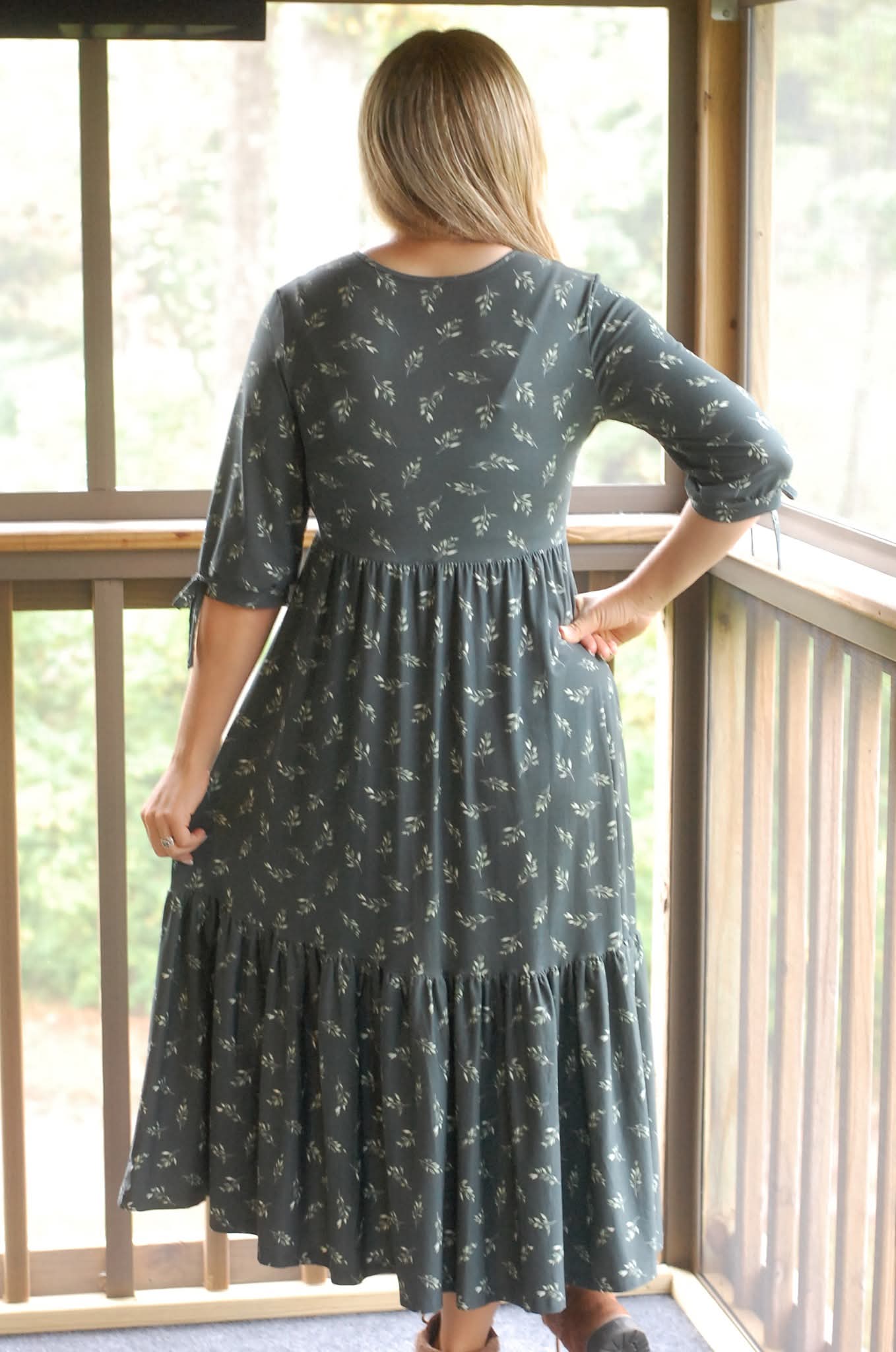 Olive Branch Nursing Friendly Cotton Tiered Midi Dress in Dark Green