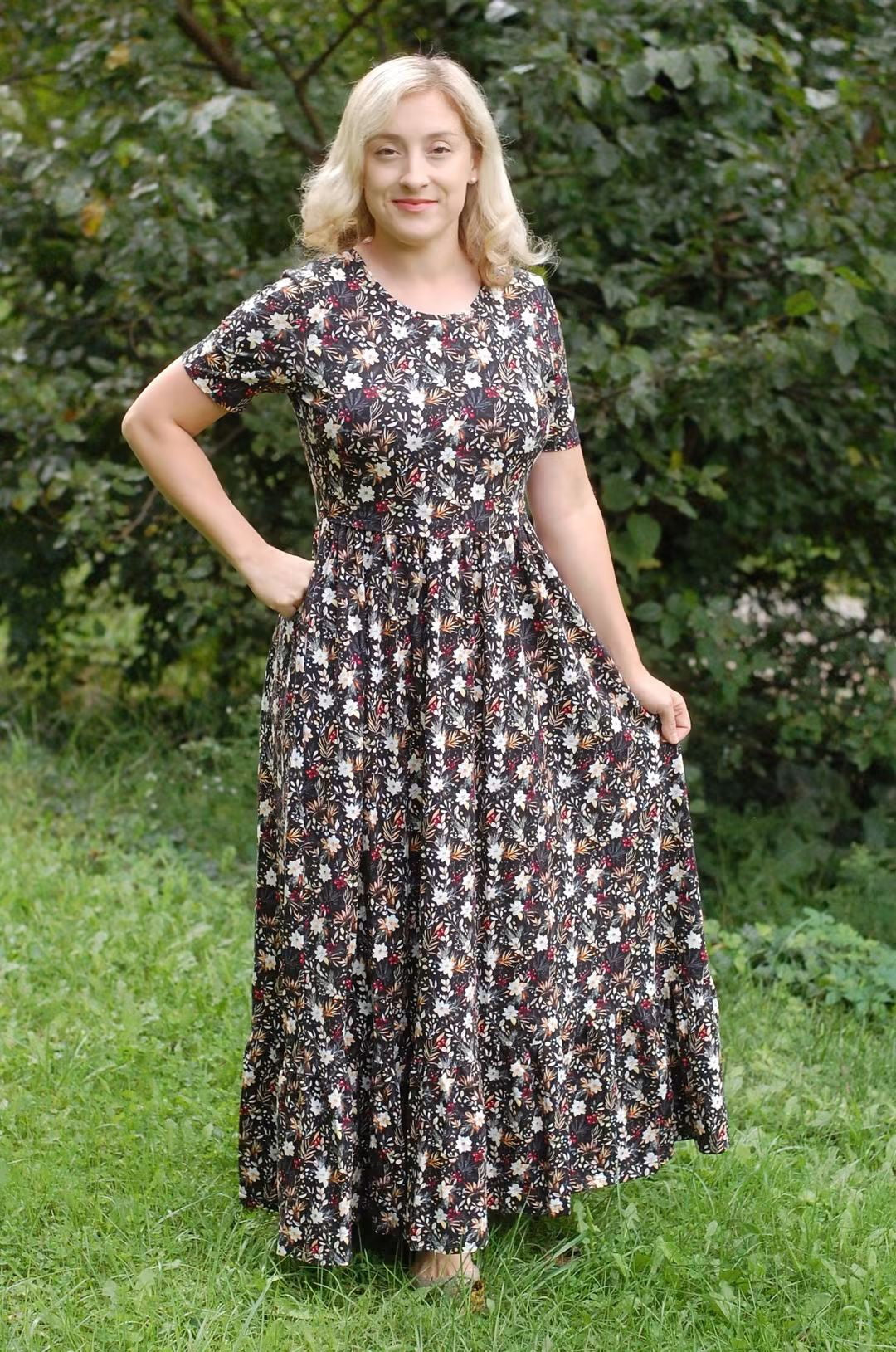 Pre-Order "Festive Flora"  Cotton Maxi Dress with Natural Waist Bodice