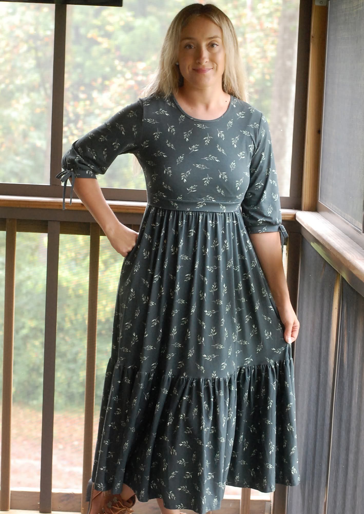 Olive Branch Nursing Friendly Cotton Tiered Midi Dress in Dark Green