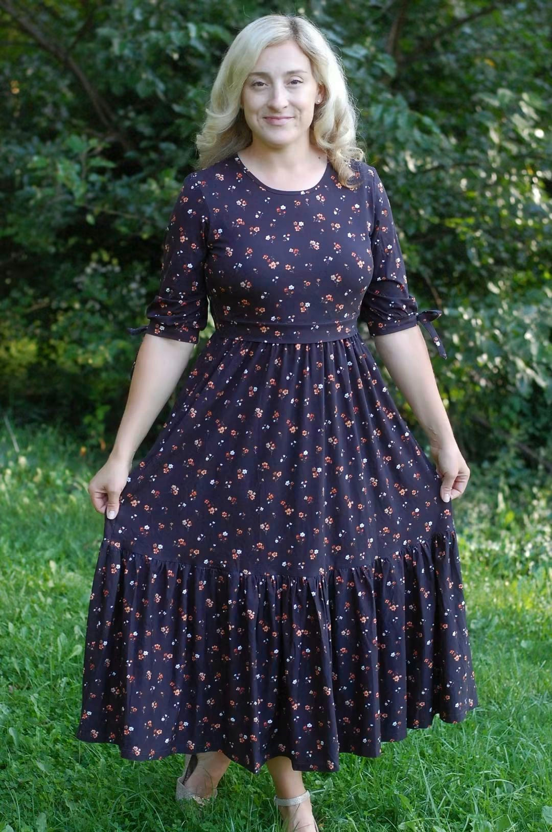 Pre-Order Ember Blossom Cotton Homestead Ruffle Dress with 3/4 Removable Bow Sleeves