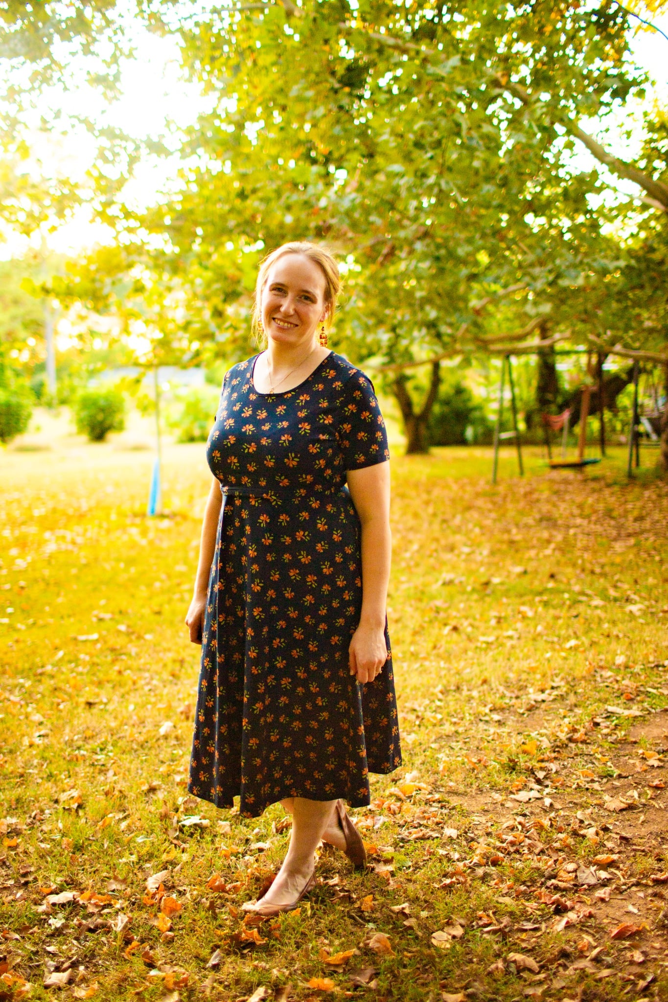 Cotton "Orange Blossom"  Nursing Friendly Dress in Navy
