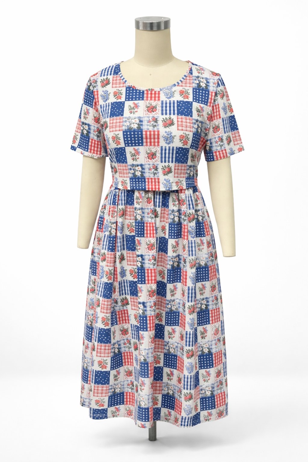 Patriotic Patchwork Prairie Style Nursing-Friendly Cotton Midi Dress with Natural Waist Bodice Nursing Friendly