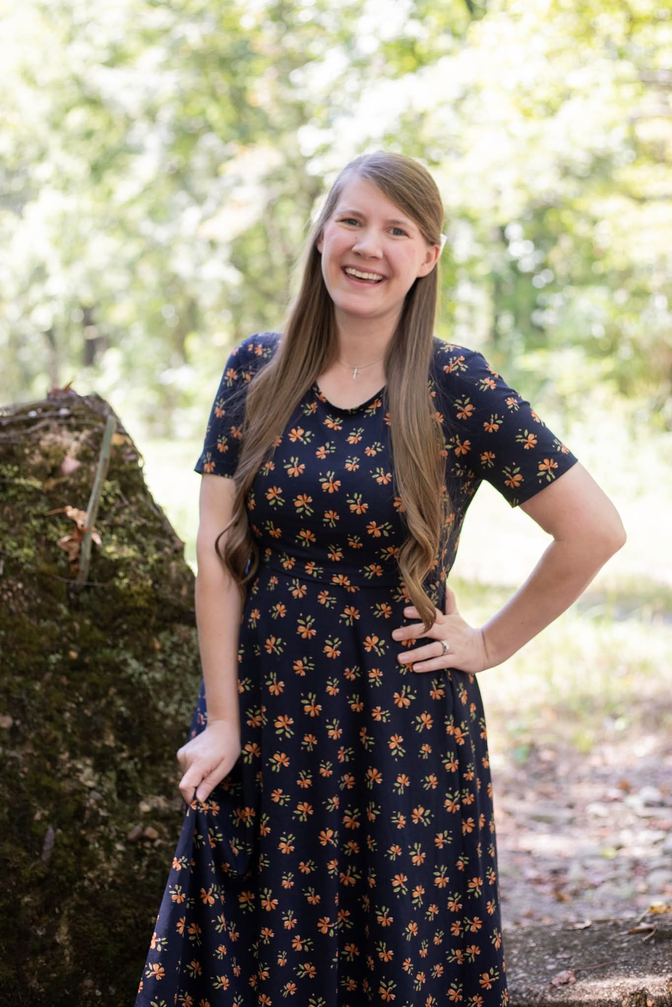 Cotton "Orange Blossom"  Nursing Friendly Dress in Navy