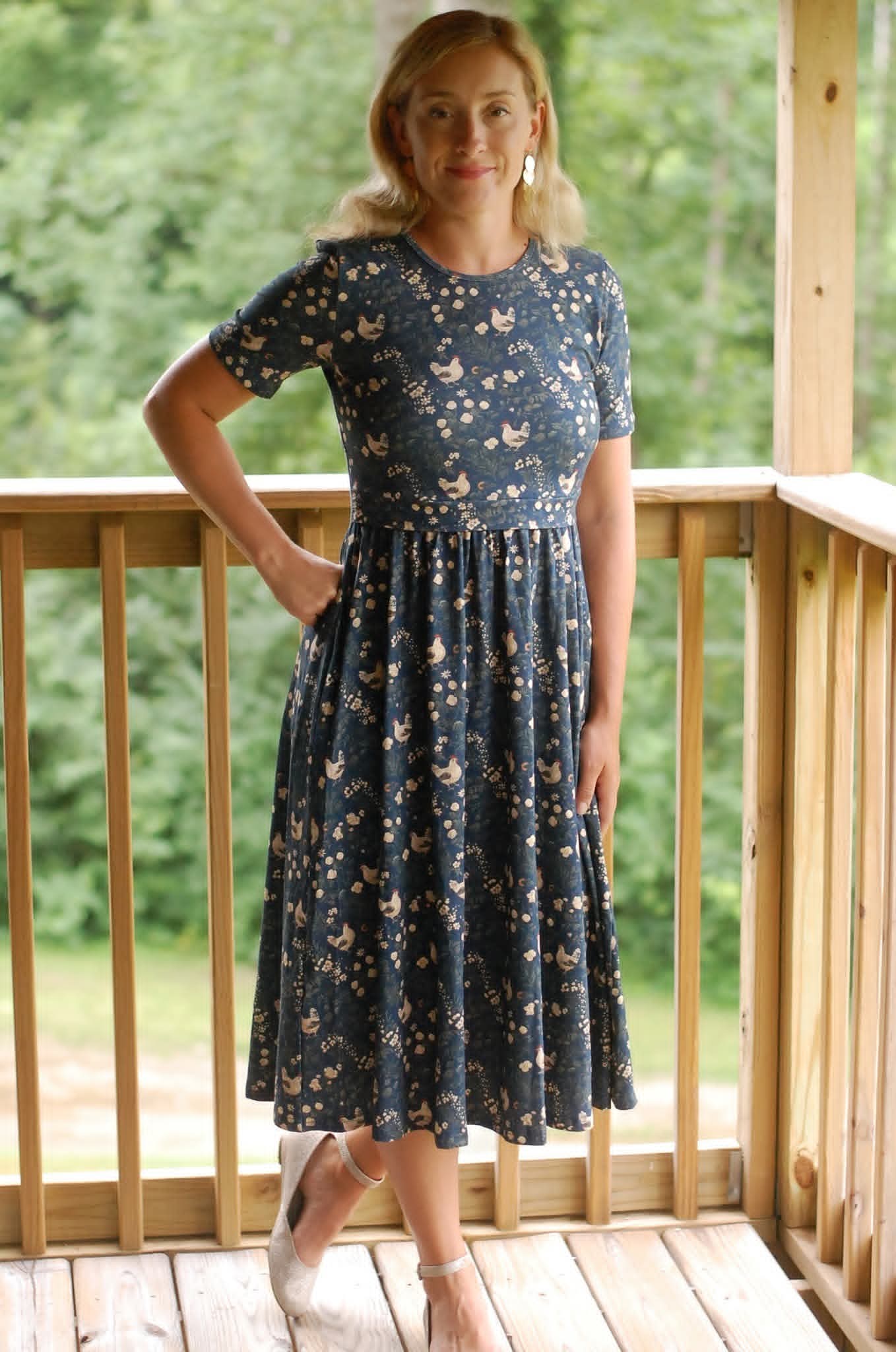 "Little Red Hen" Cotton Nursing-Friendly Homestead Midi Dress with Banding