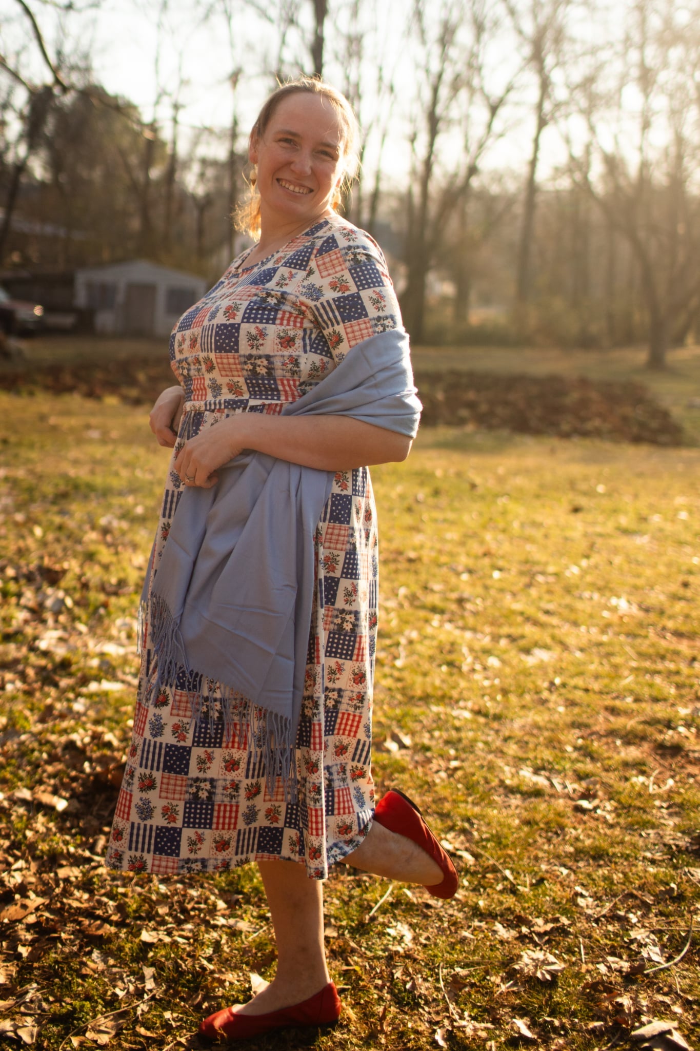 Patriotic Patchwork Prairie Style Nursing-Friendly Cotton Midi Dress with Natural Waist Bodice Nursing Friendly