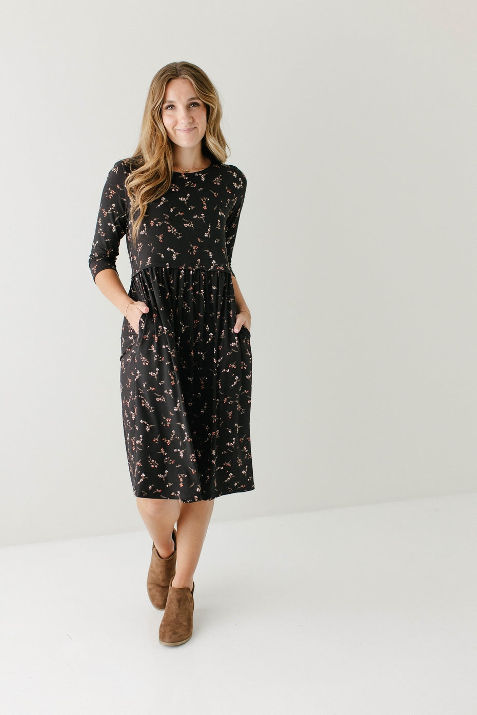 Pre-Order Black Floral Nursing Dress with 3/4 Sleeves