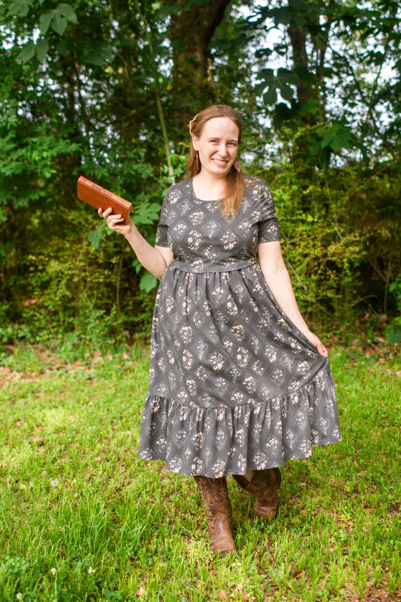Moonlit Meadow Cotton Midi Dress with Natural Waist Bodice