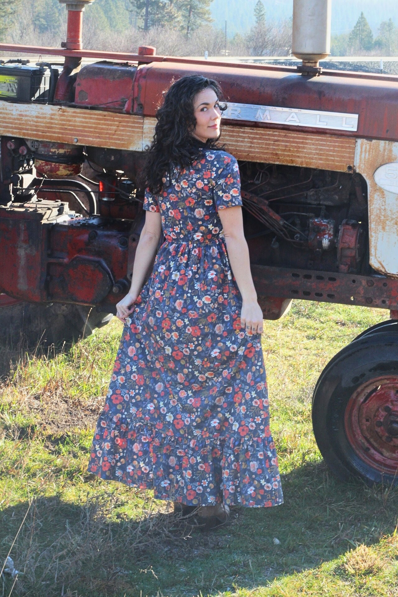 Antique Floral Prairie Style Cotton Maxi Dress with Natural Waist Bodice Nursing Friendly